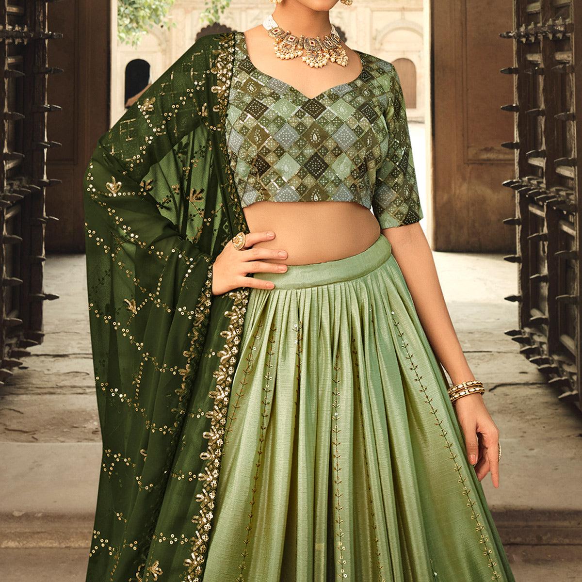 Olive Green Sequence Embroidered Art Silk Lehenga Choli - Peachmode