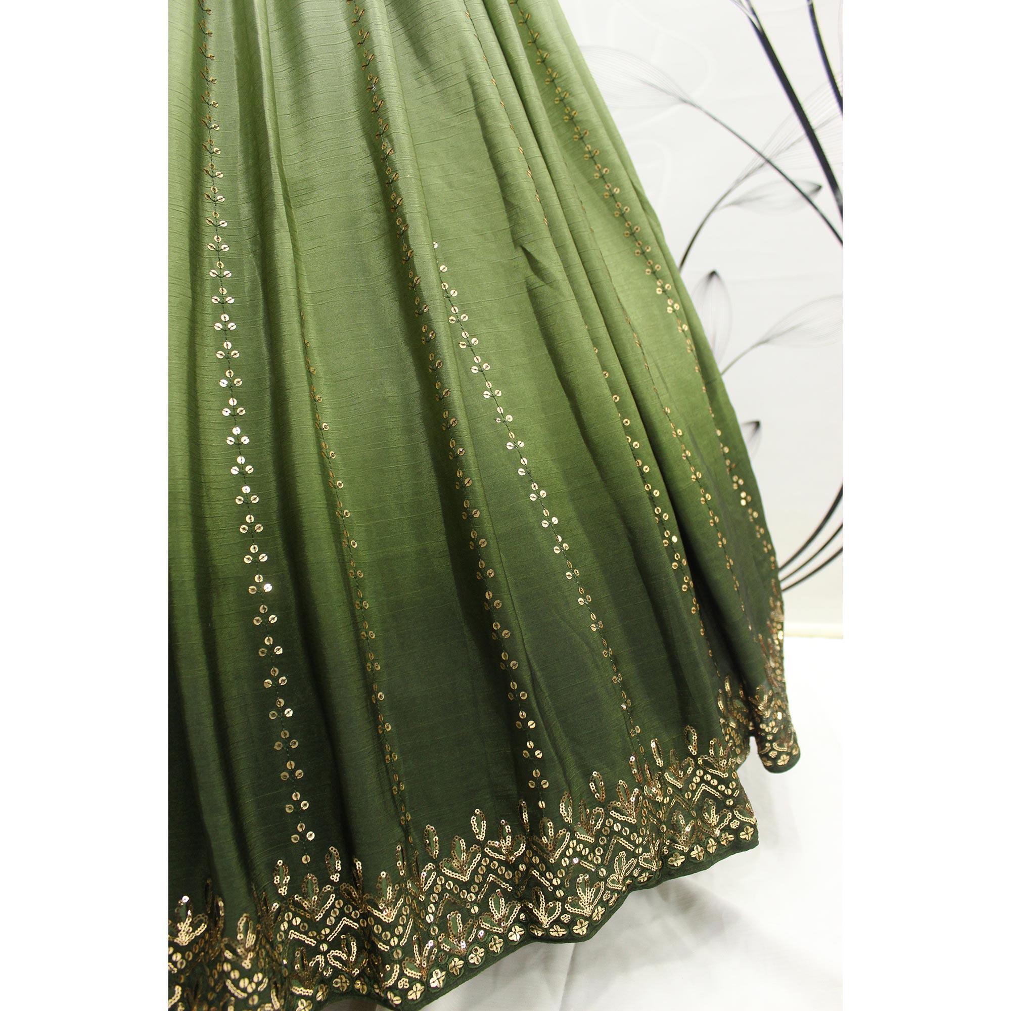Olive Green Sequence Embroidered Art Silk Lehenga Choli - Peachmode