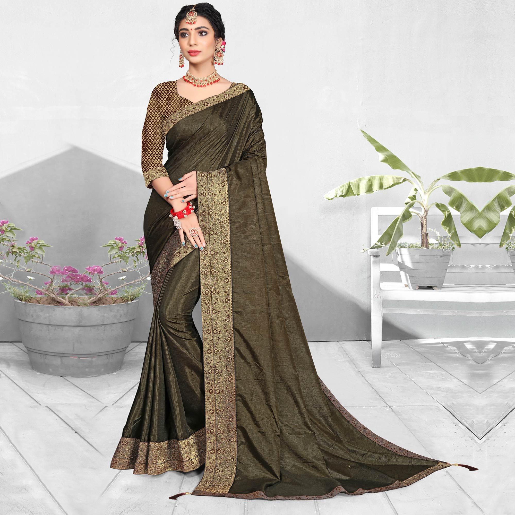 Olive Green Solid Vichitra Silk Saree - Peachmode