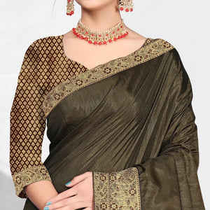 Olive Green Solid Vichitra Silk Saree - Peachmode