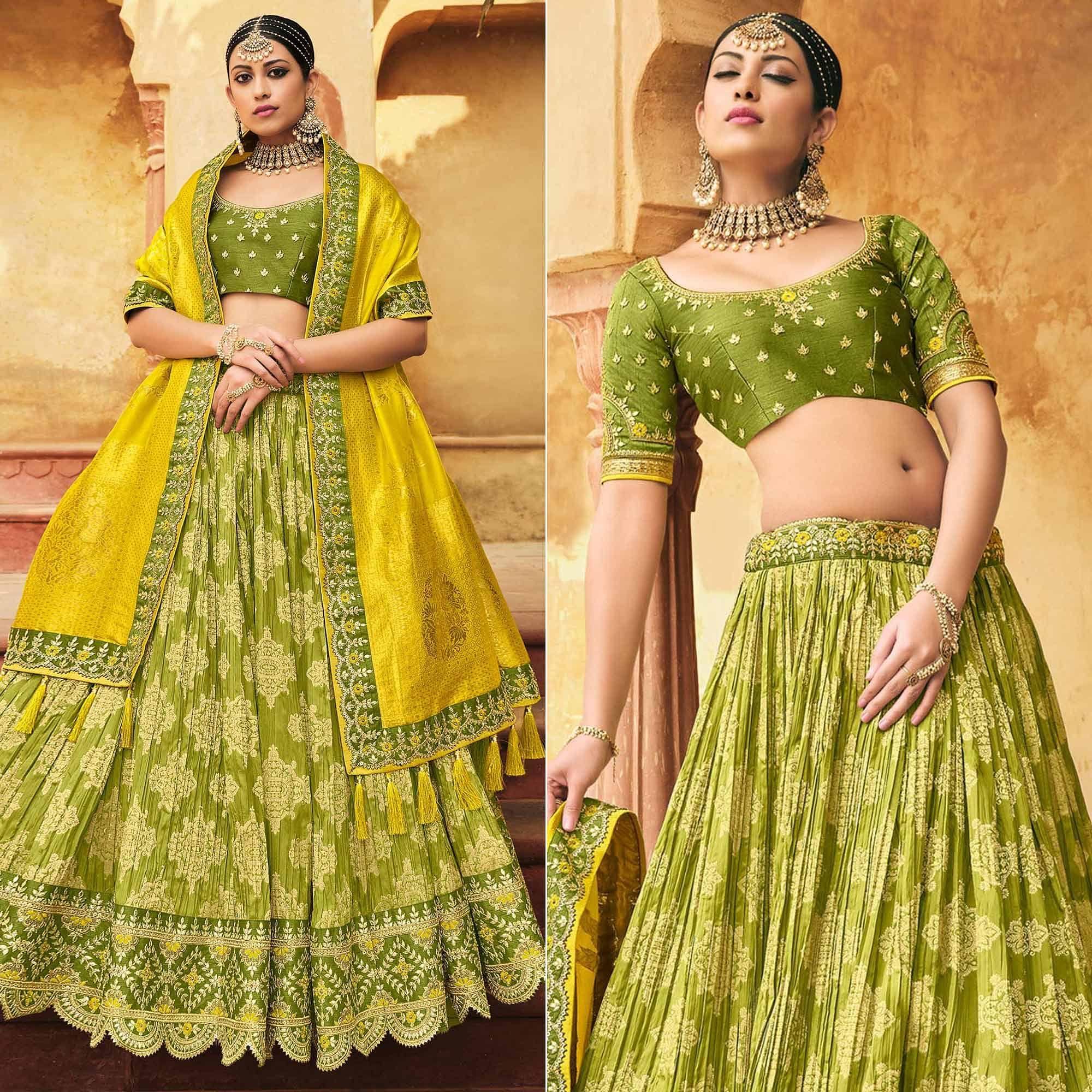 Olive Green Wedding Wear Woven-Embellished Banarasi Silk Lehenga Choli - Peachmode