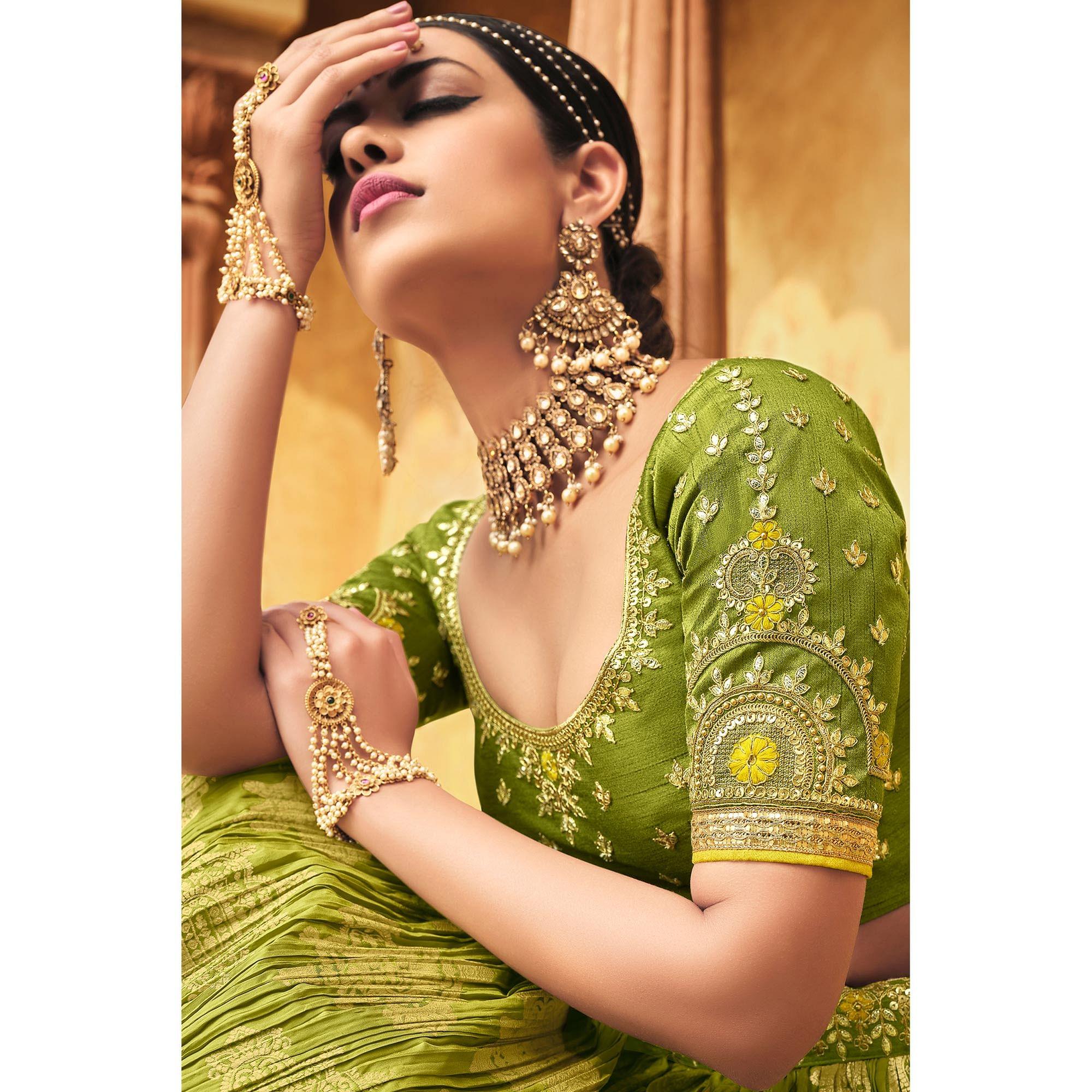 Olive Green Wedding Wear Woven-Embellished Banarasi Silk Lehenga Choli - Peachmode