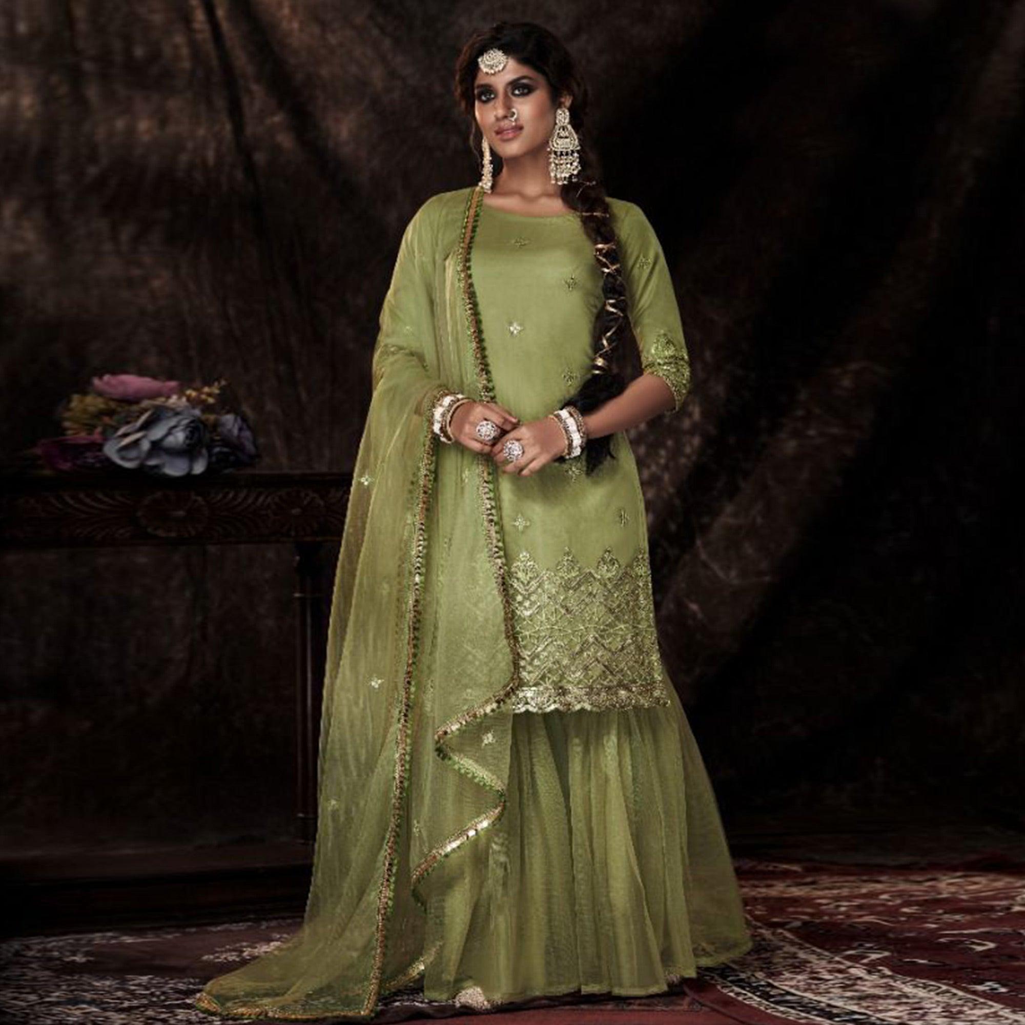 Olive Sequence Embroidered Netted Palazzo Suit - Peachmode