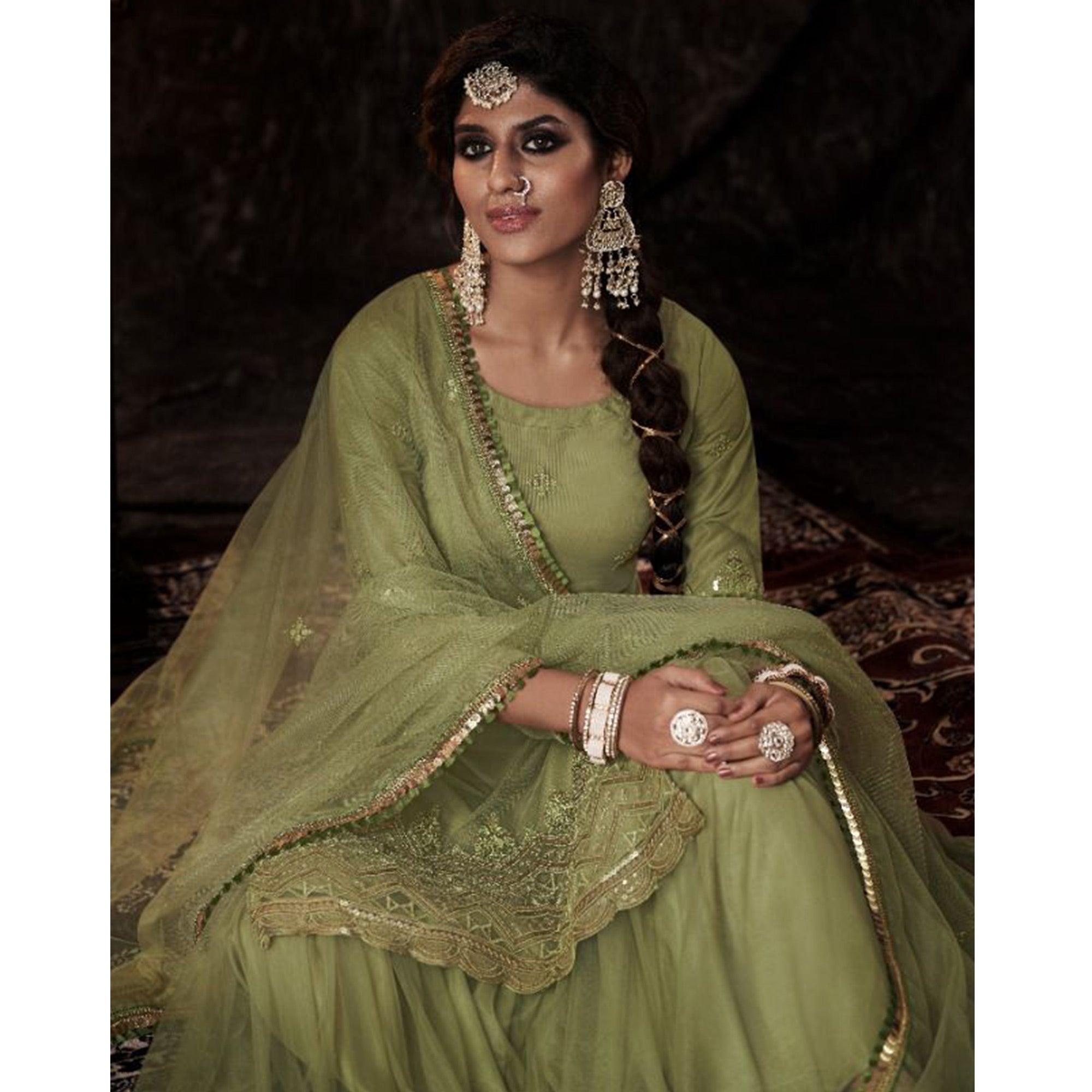 Olive Sequence Embroidered Netted Palazzo Suit - Peachmode
