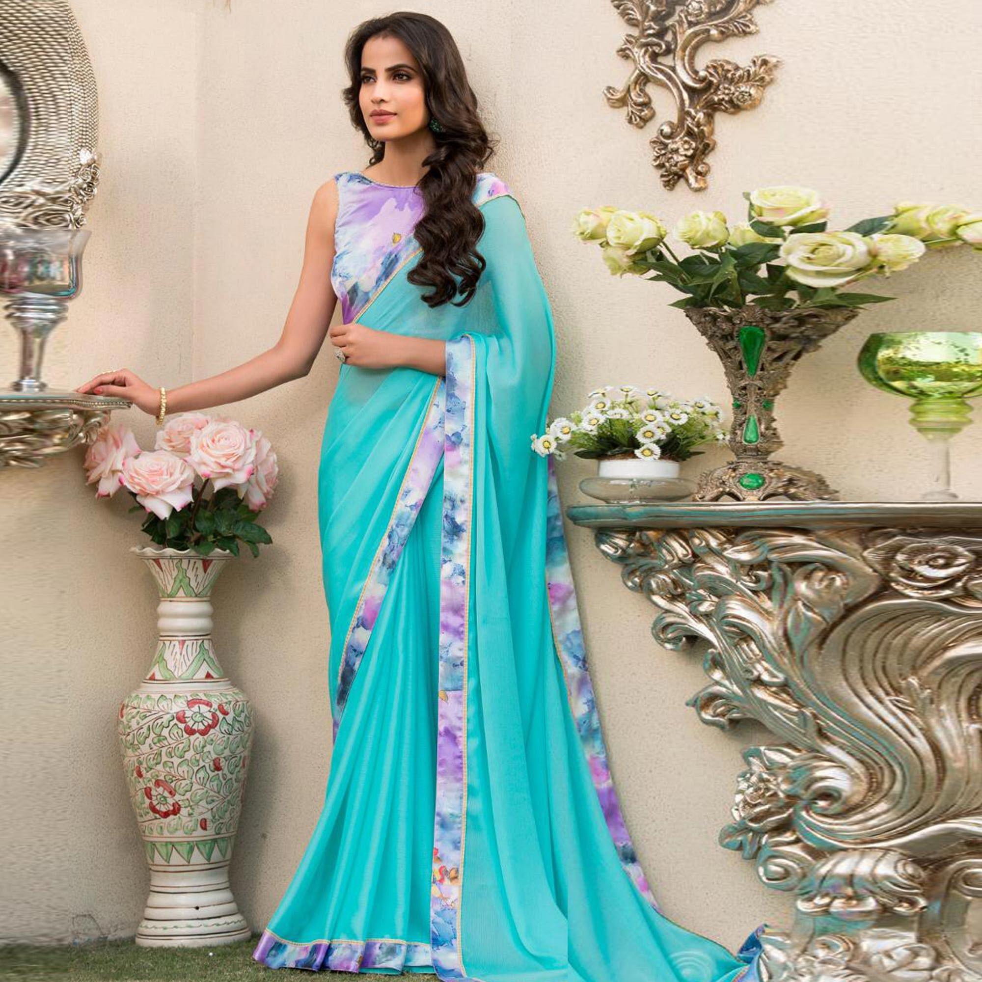 Opulent Aqua Blue Colored Partywear Printed Chiffon Saree - Peachmode