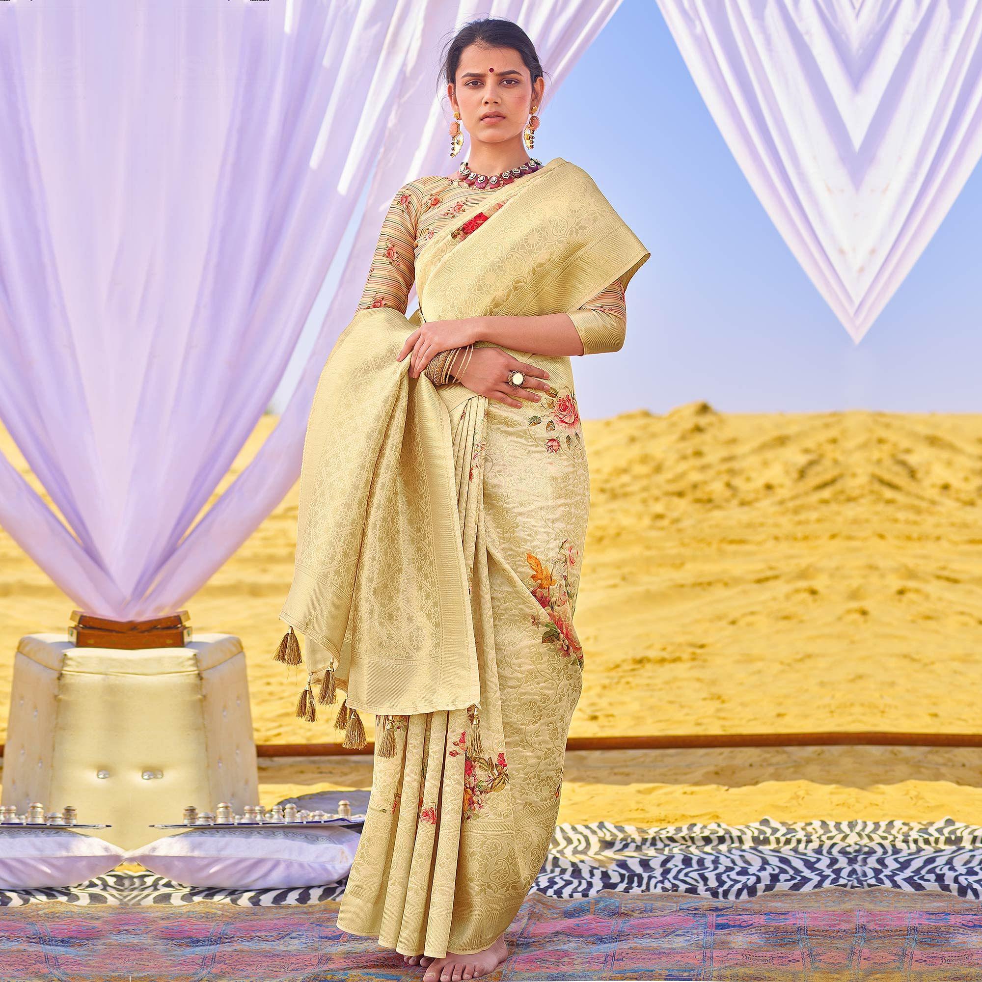 Opulent Beige Colored Festive Wear Woven Silk Saree - Peachmode