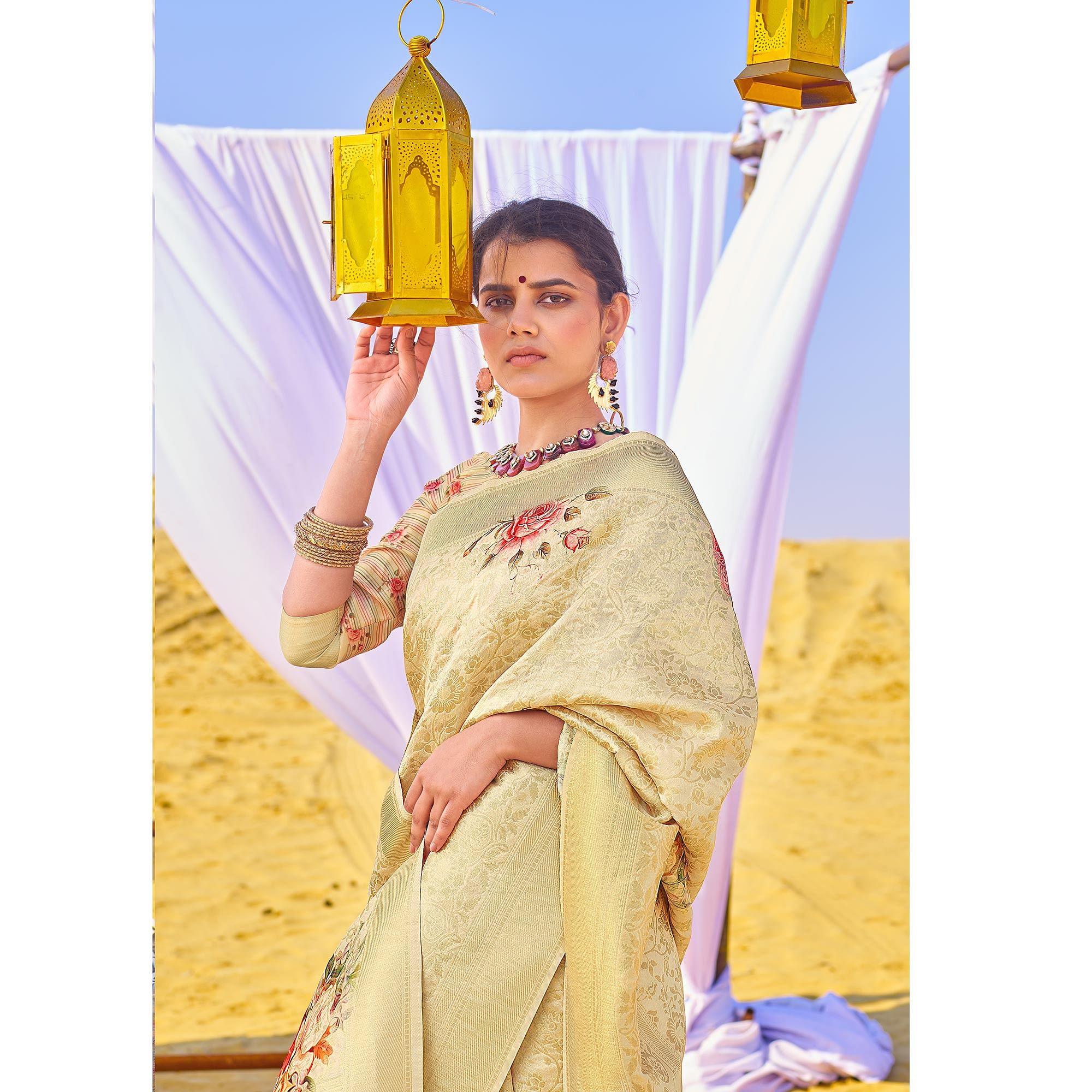 Opulent Beige Colored Festive Wear Woven Silk Saree - Peachmode
