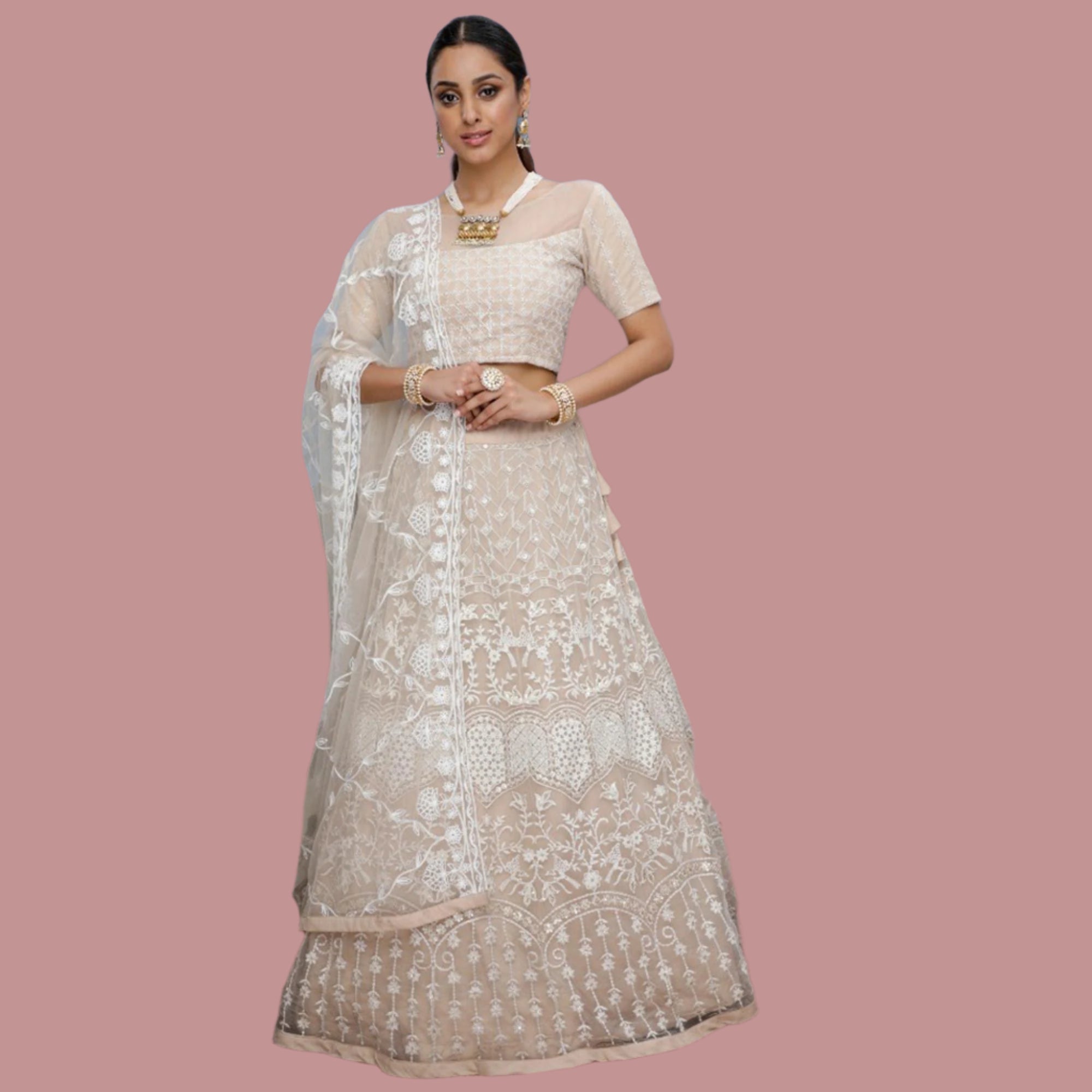 Opulent Beige Colored Party Wear Embroidered Net Lehenga Choli - Peachmode