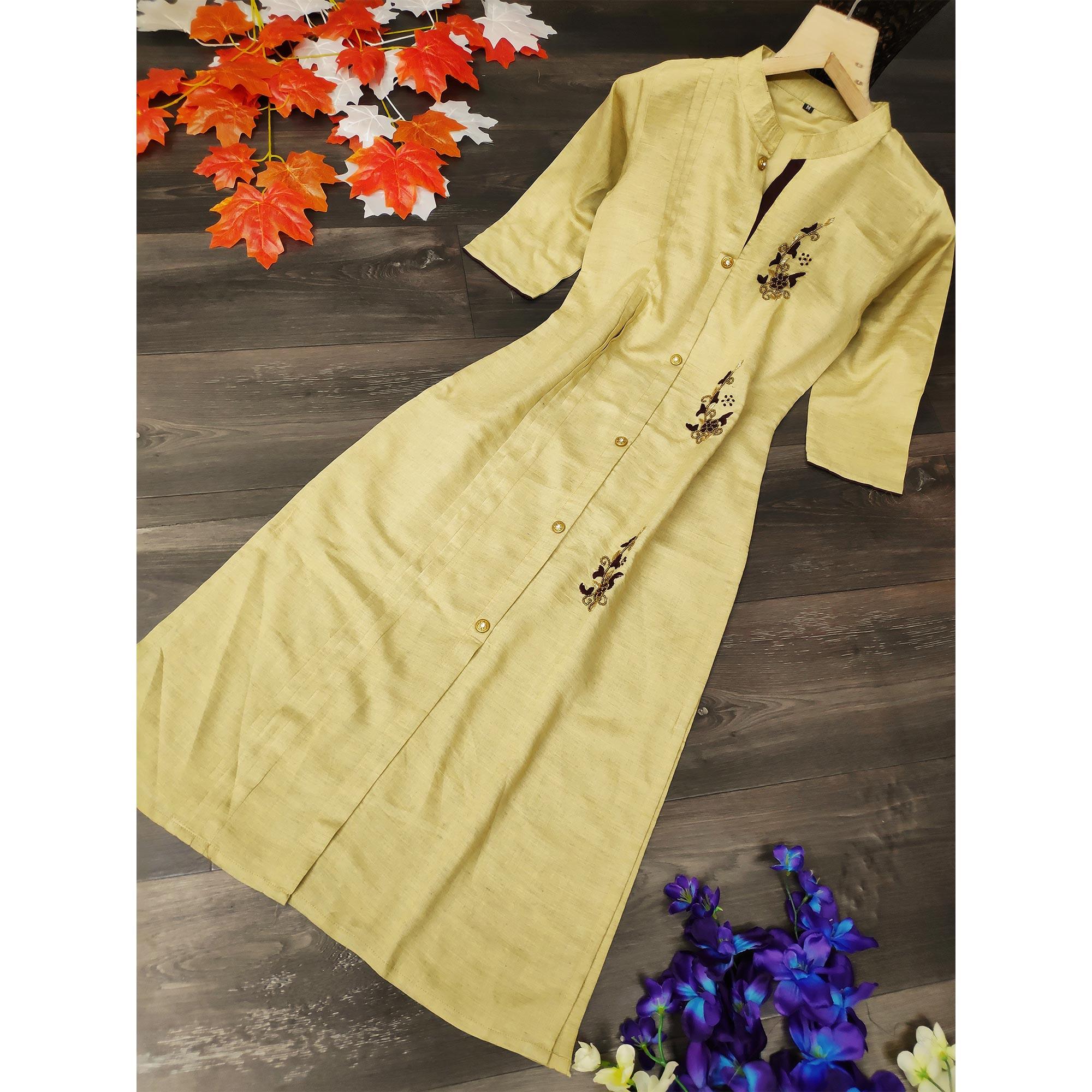 Opulent Beige Colored Party Wear Khatli Work Rayon Kurti-Sharara Set - Peachmode