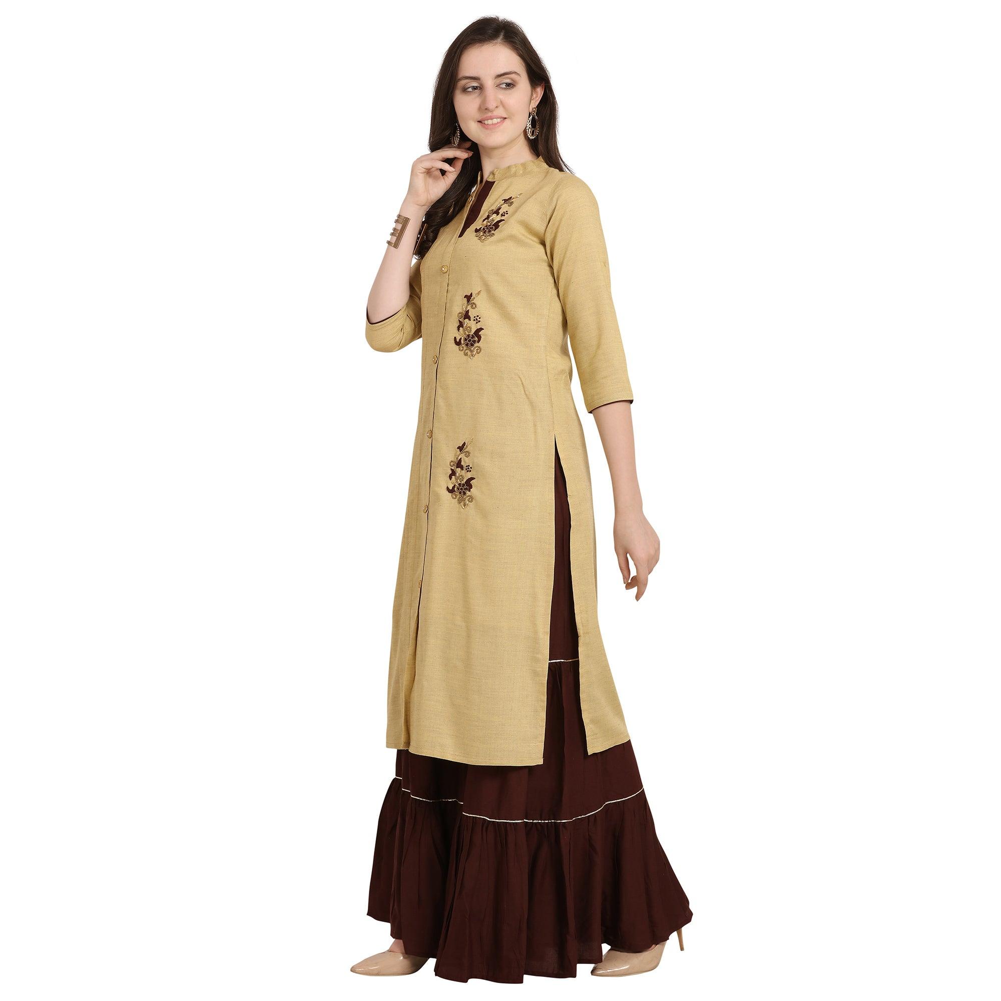 Opulent Beige Colored Party Wear Khatli Work Rayon Kurti-Sharara Set - Peachmode