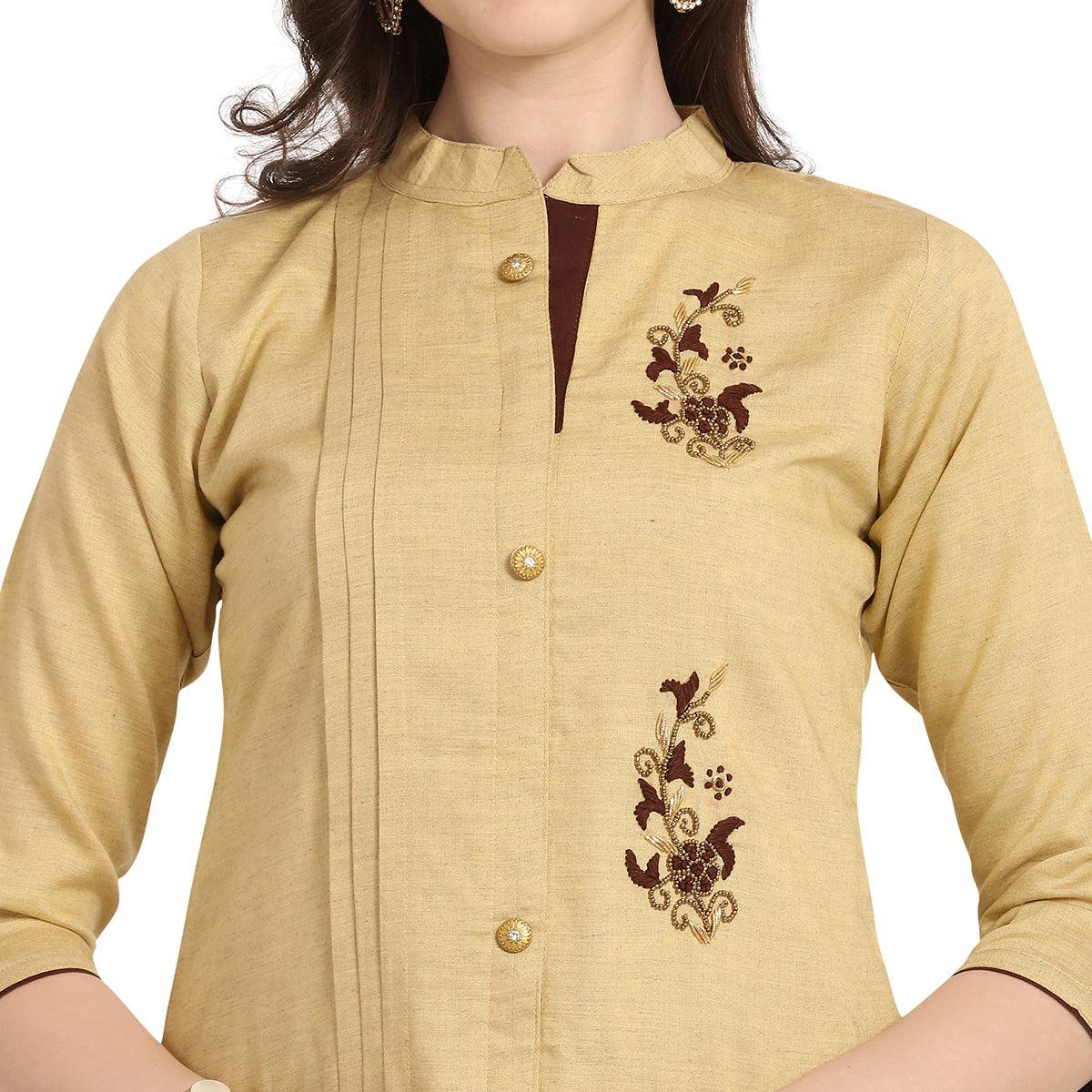 Opulent Beige Colored Party Wear Khatli Work Rayon Kurti-Sharara Set - Peachmode