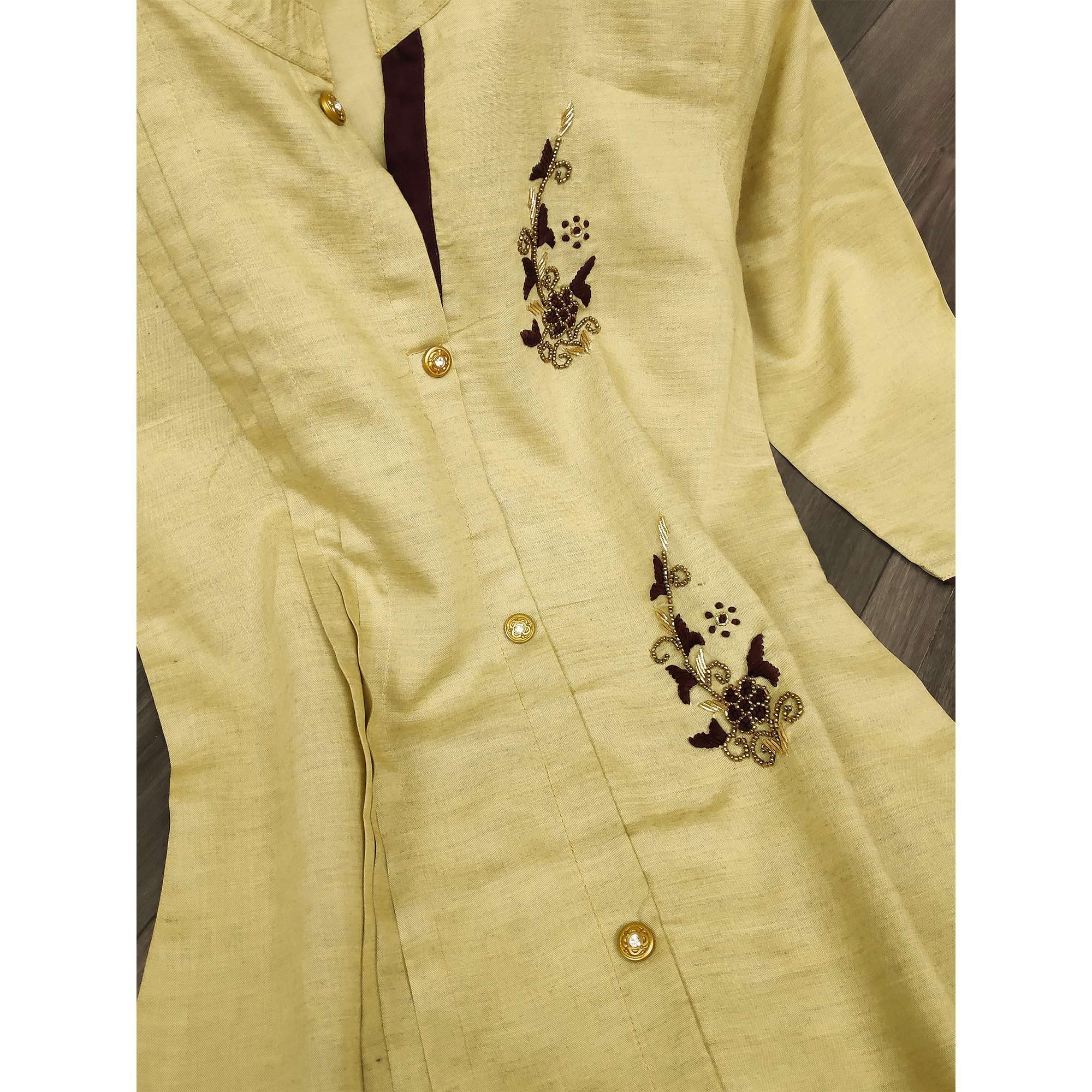 Opulent Beige Colored Party Wear Khatli Work Rayon Kurti-Sharara Set - Peachmode