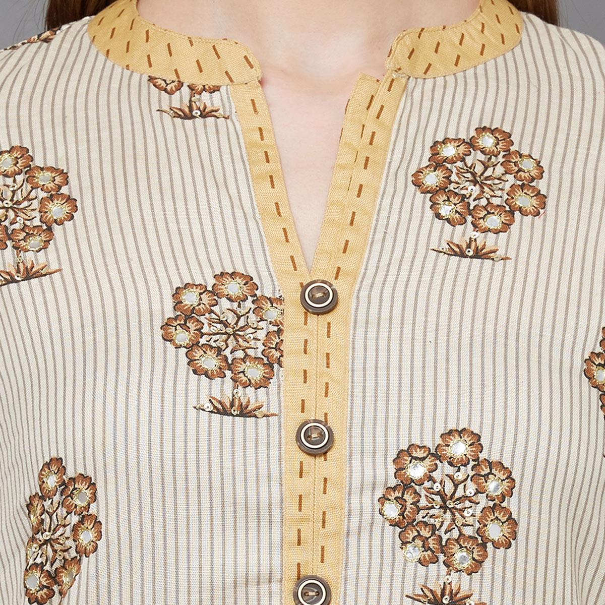 Opulent Beige-Yellow Colored Casual Printed Kurti-Pant Set - Peachmode