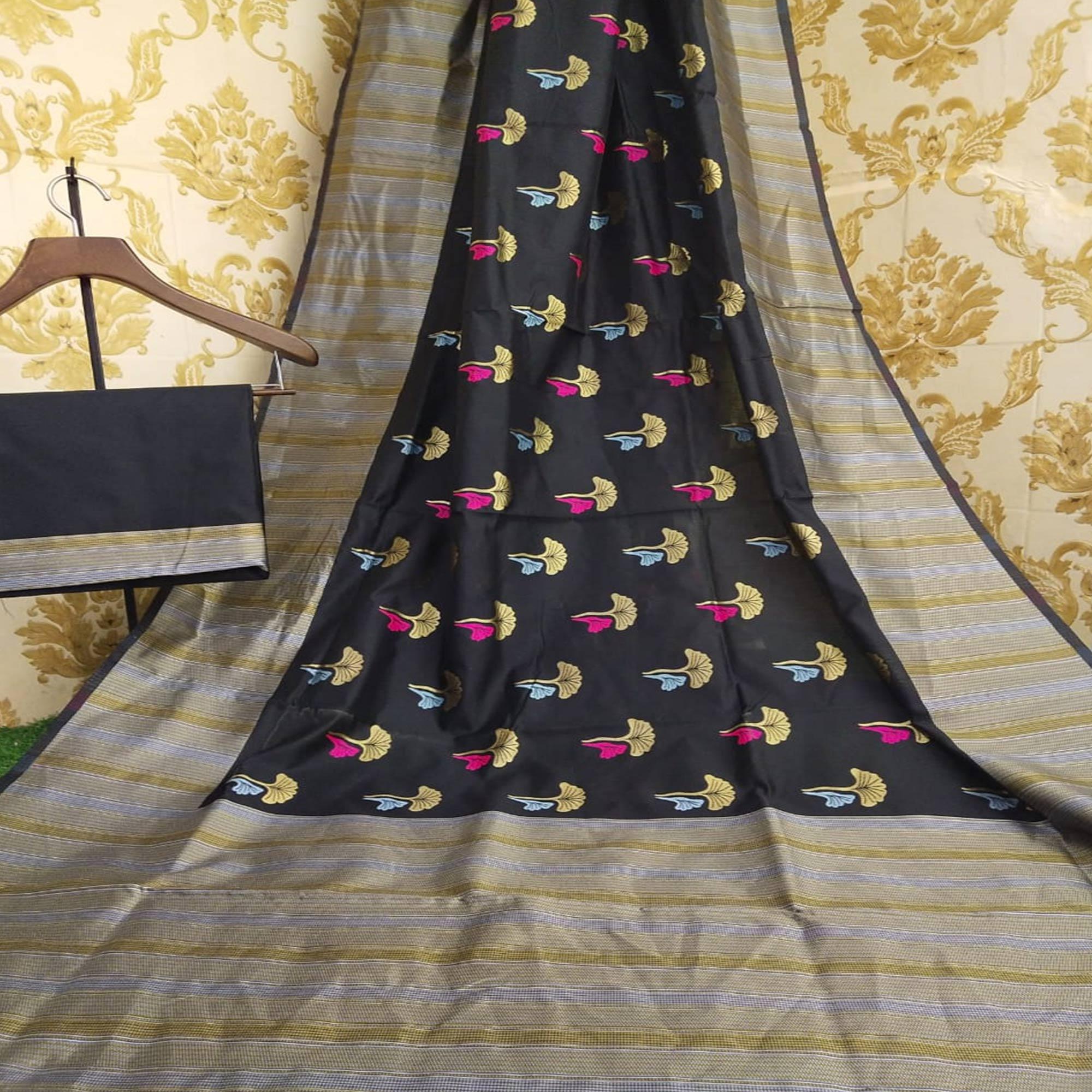 Opulent Black Colored Festive Wear Woven Soft Lichi Silk Saree - Peachmode