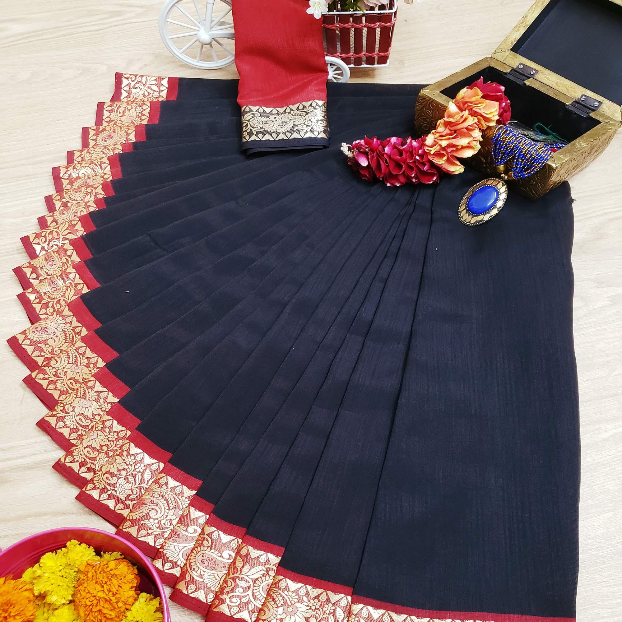 Opulent Black Colored Festive Wear Woven Soft Vichitra Silk Saree - Peachmode