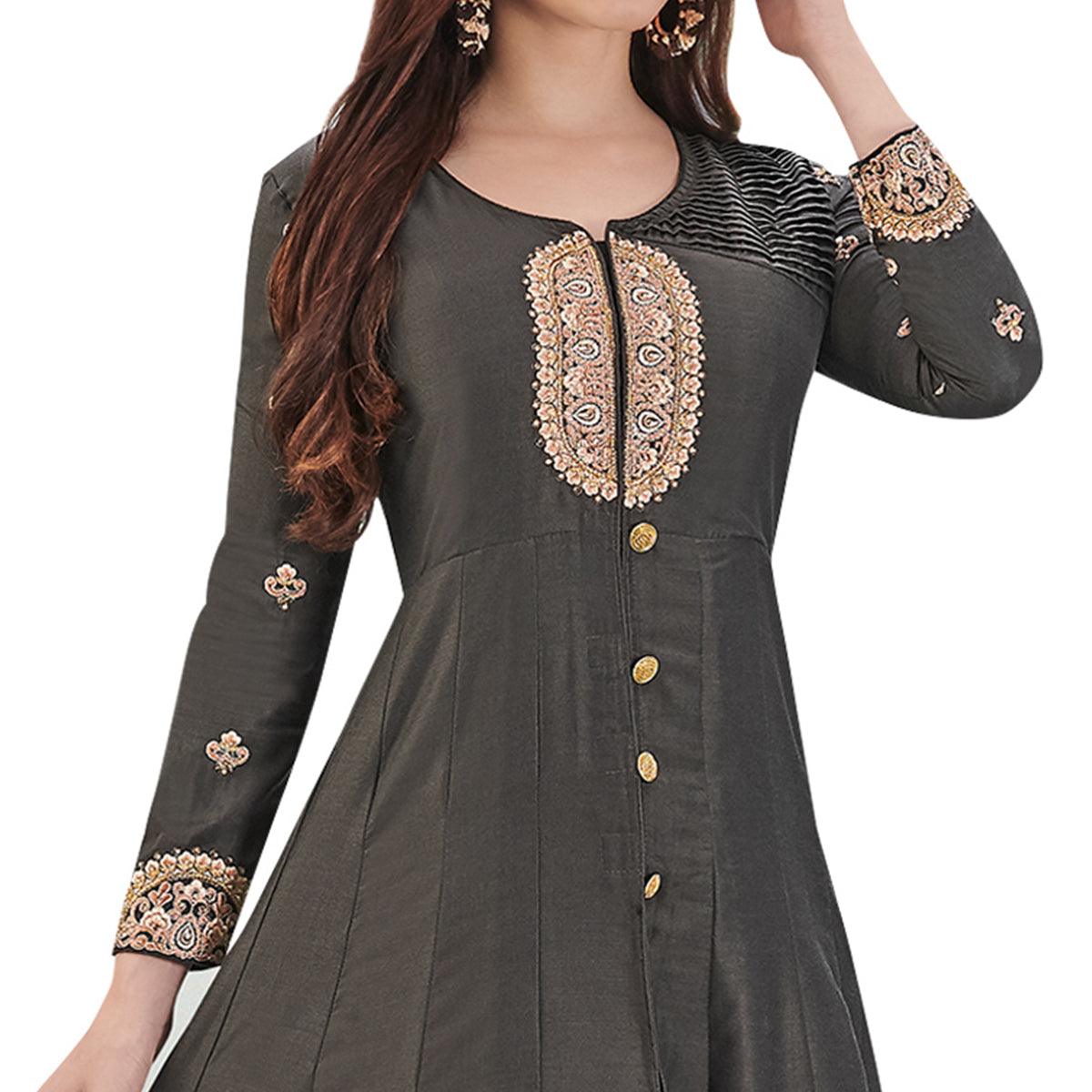 Opulent Blackish Gray Colored Party Wear Embroidered Cotton Silk Gown - Peachmode