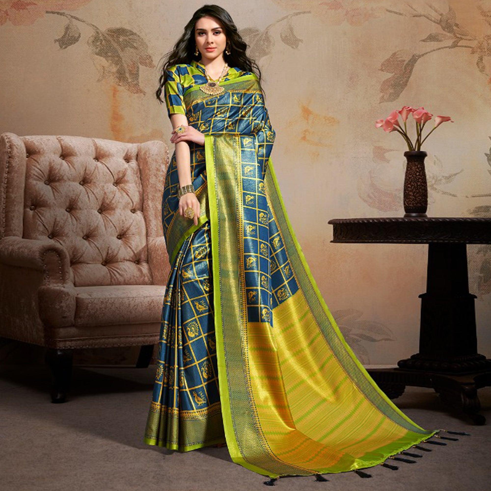 Opulent Blue Colored Festive Wear Printed Silk Blend Saree With Tassels - Peachmode