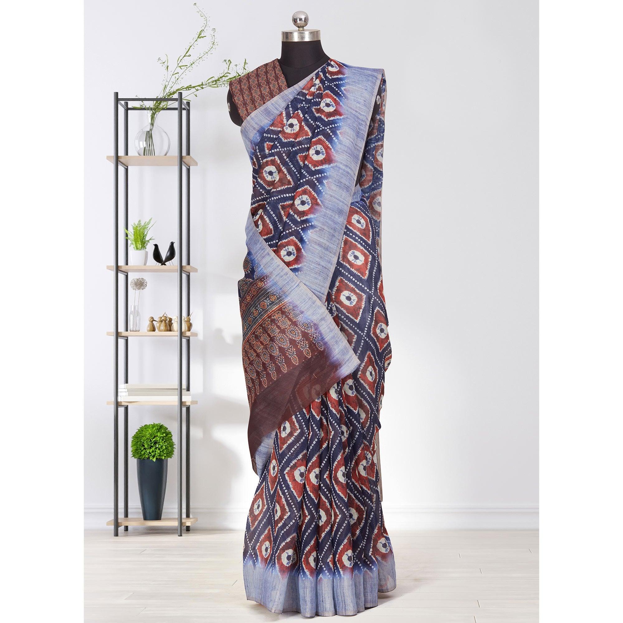Opulent Blue Coloured Casual Wear Printed Linen Saree - Peachmode