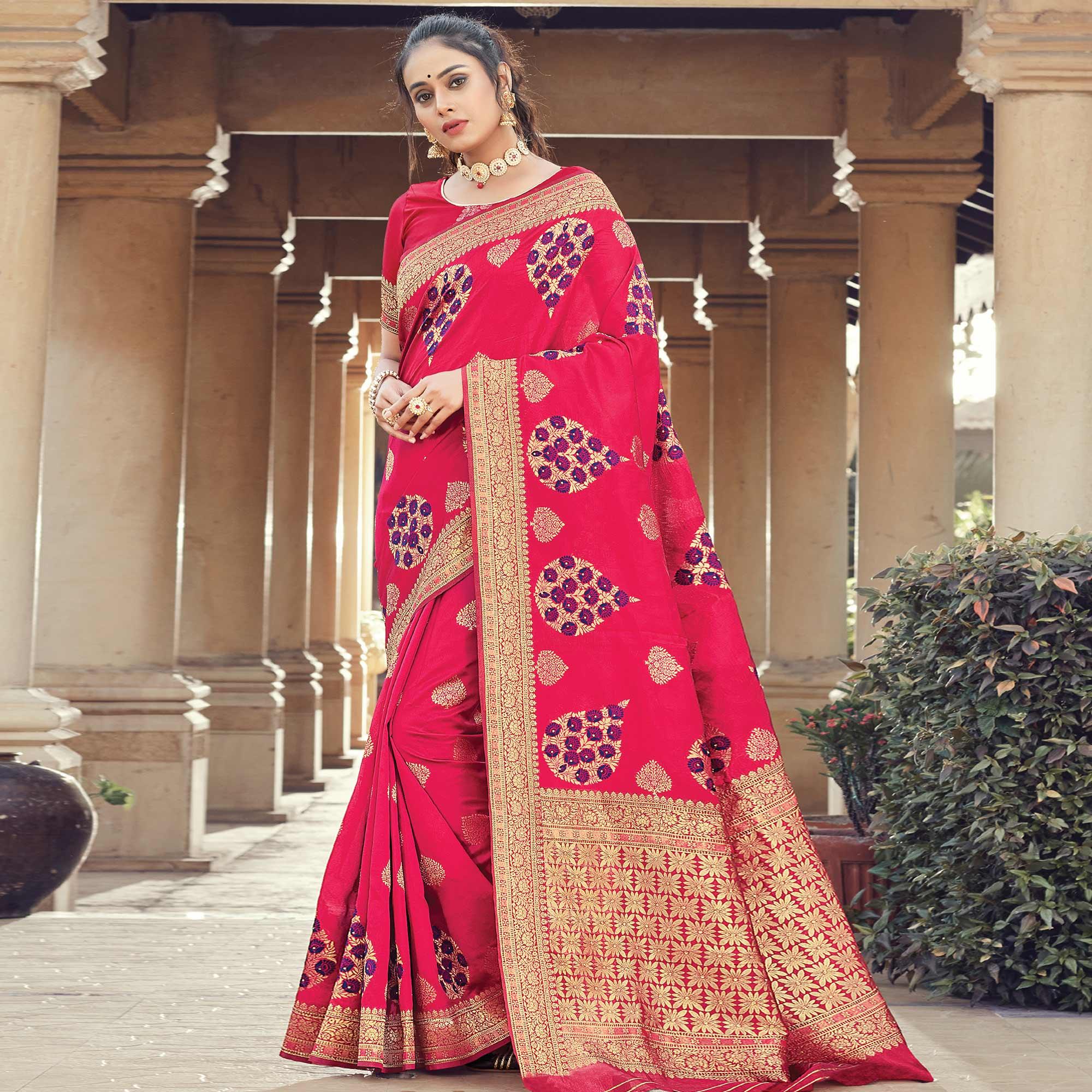 Opulent Dark Pink Colored Festive Wear Woven Silk Saree - Peachmode