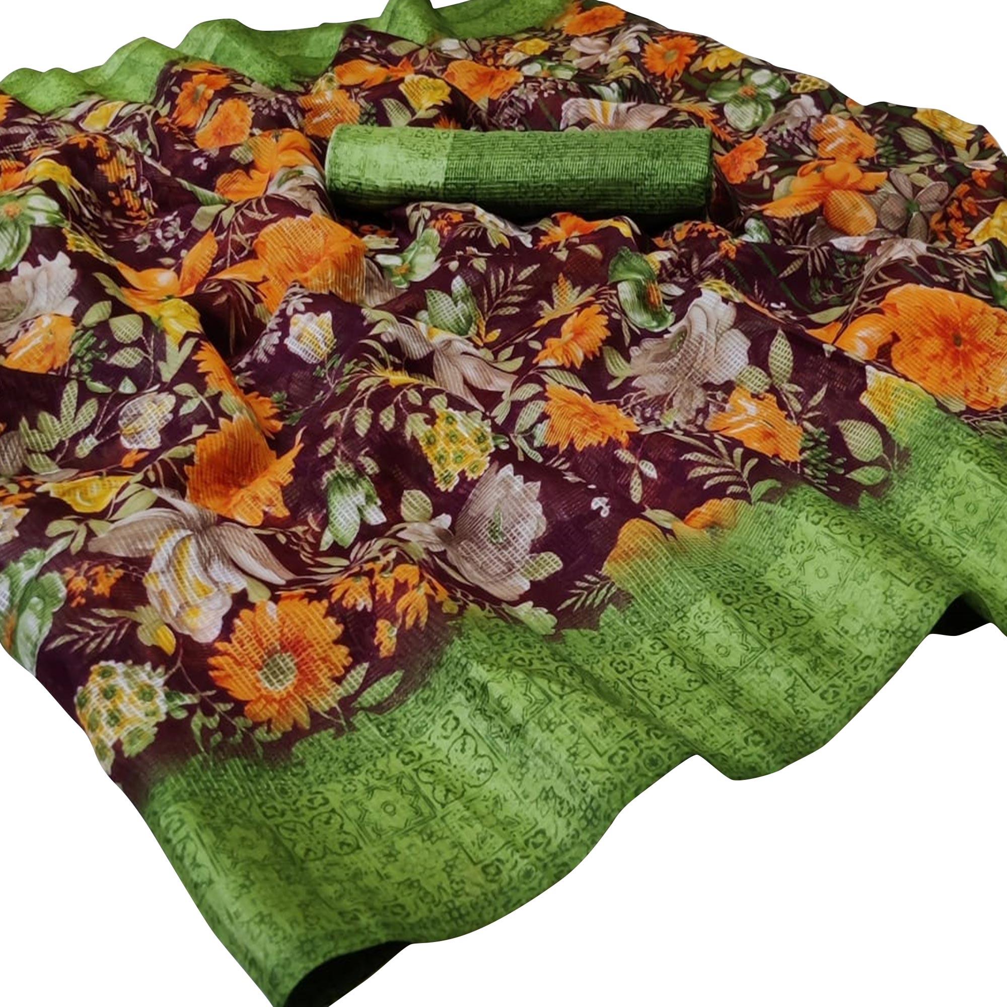 Opulent Dark Purple Colored Casual Wear Floral Printed Silk Saree - Peachmode