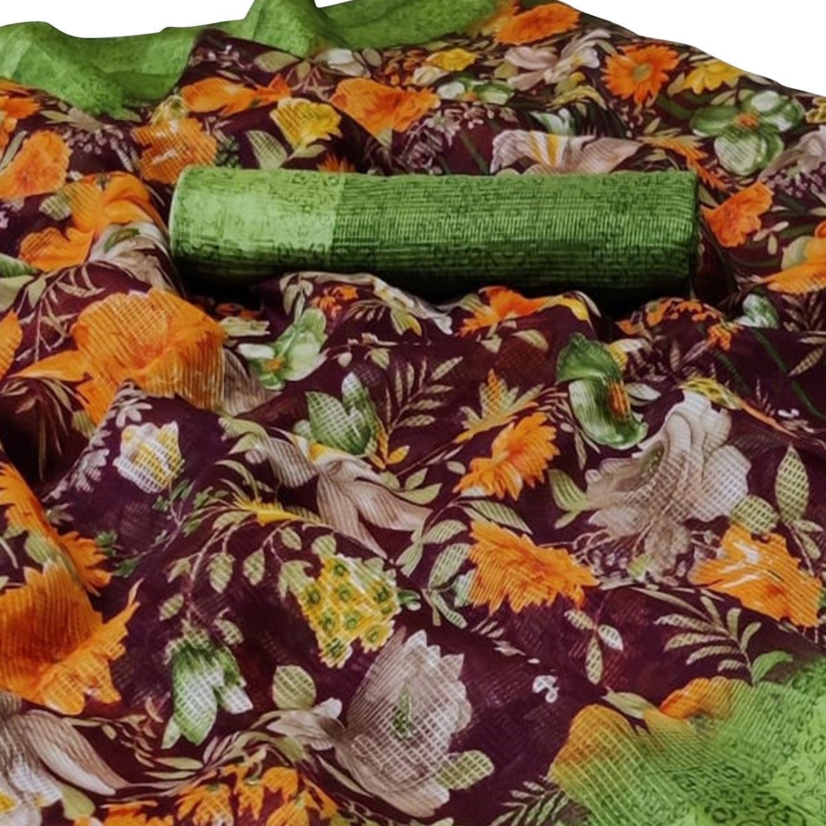 Opulent Dark Purple Colored Casual Wear Floral Printed Silk Saree - Peachmode