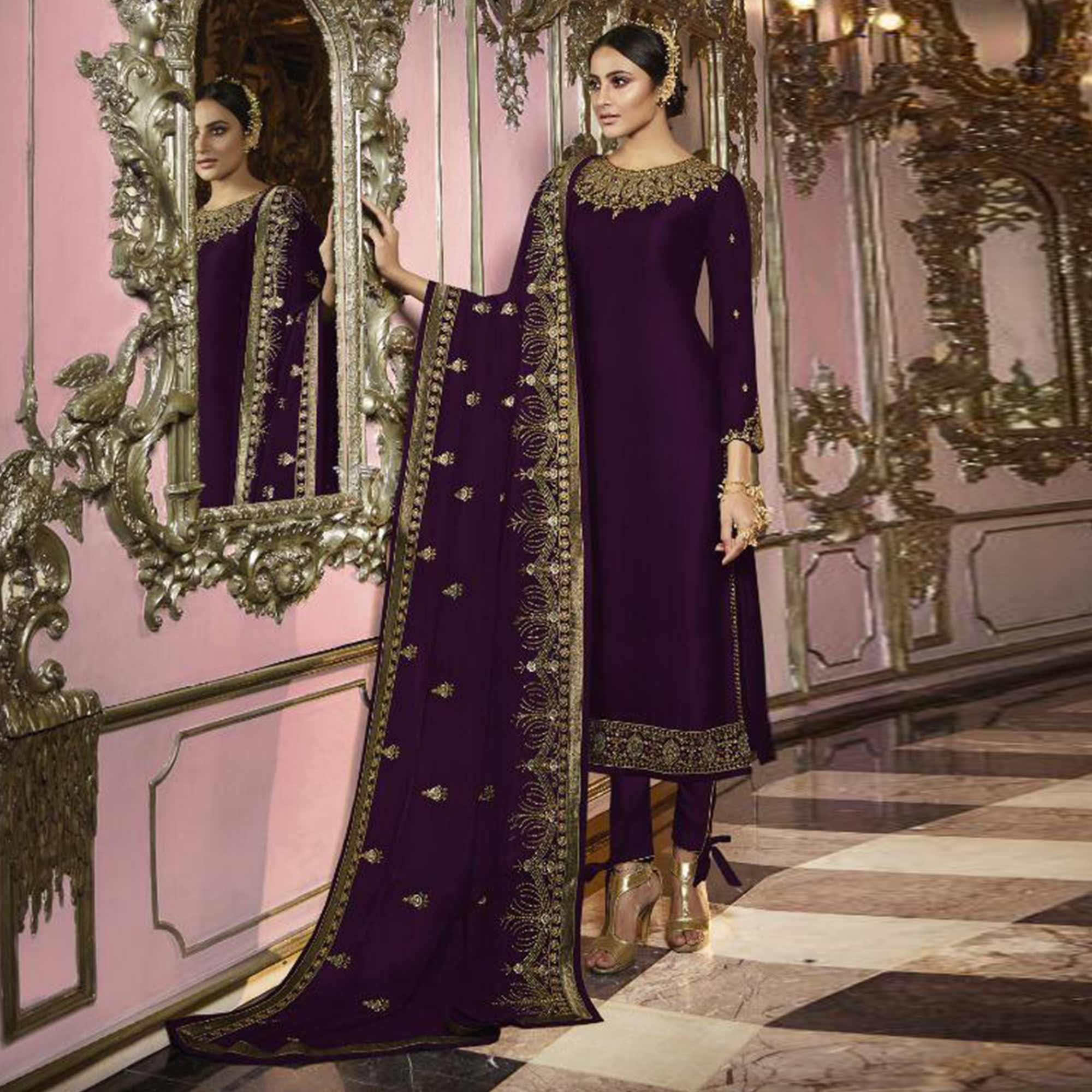 Opulent Dark Purple Colored Partywear Embroidered Faux Georgette Suit - Peachmode