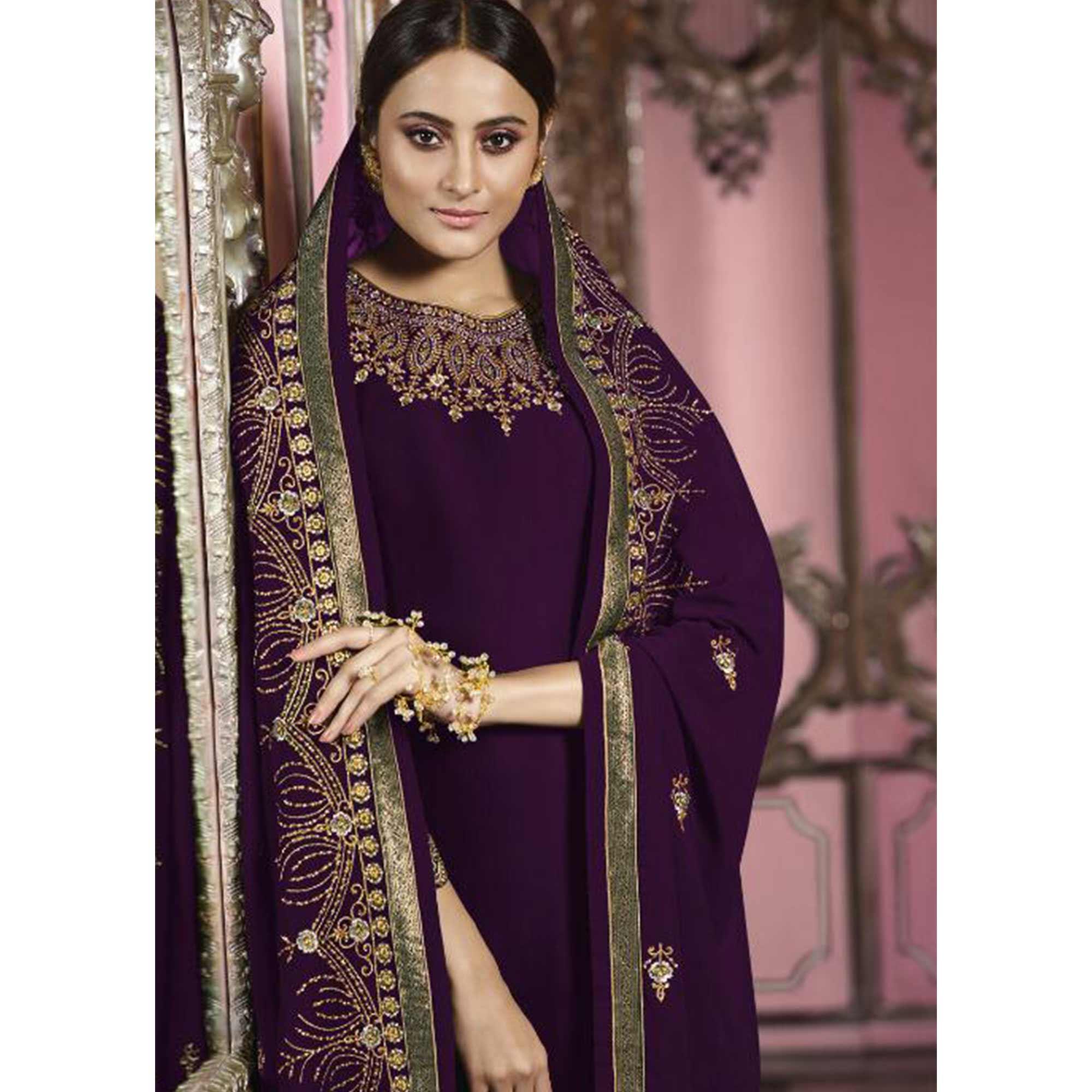 Opulent Dark Purple Colored Partywear Embroidered Faux Georgette Suit - Peachmode