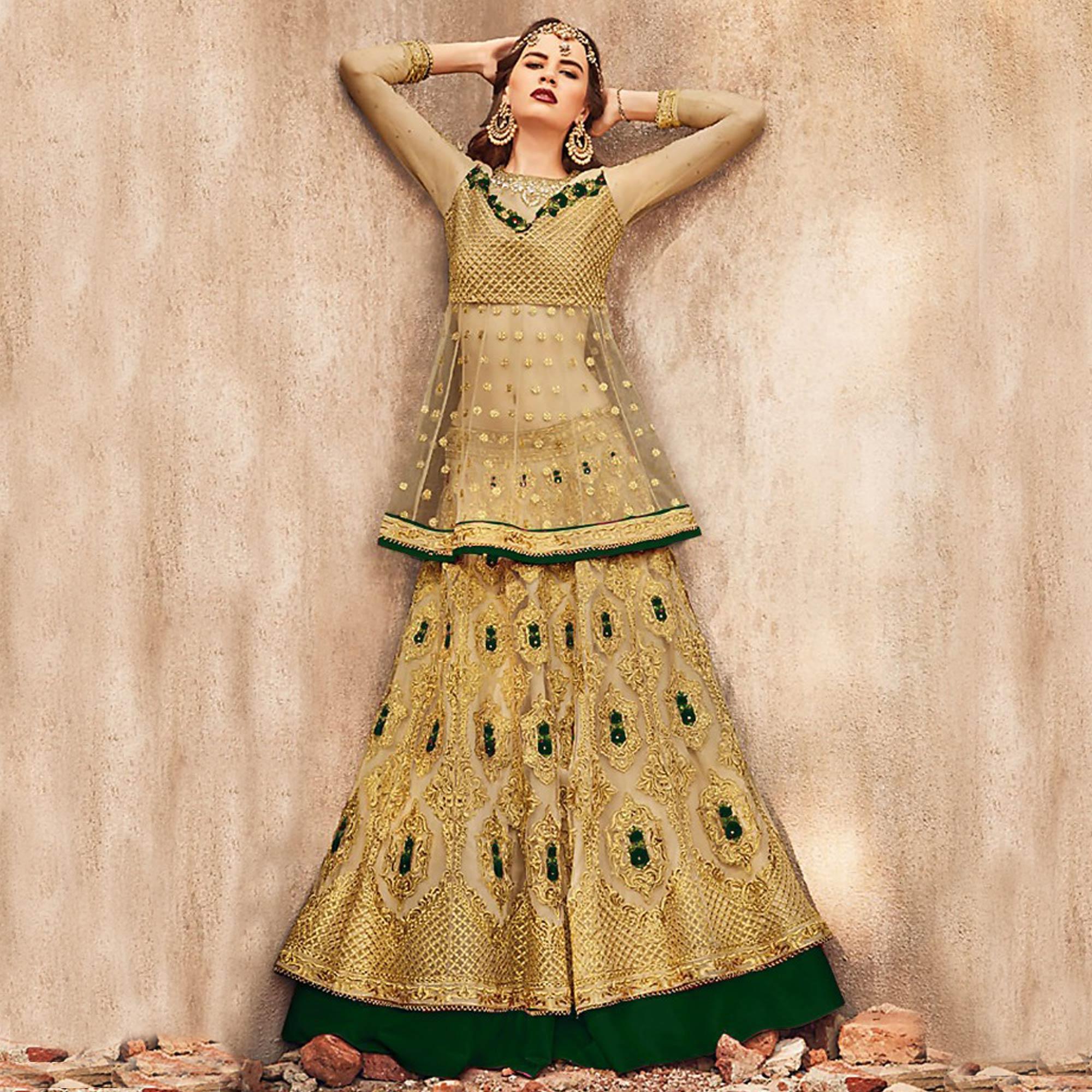 Opulent Golden-Green Colored Party Wear Embroidered Net Lehenga Choli - Peachmode