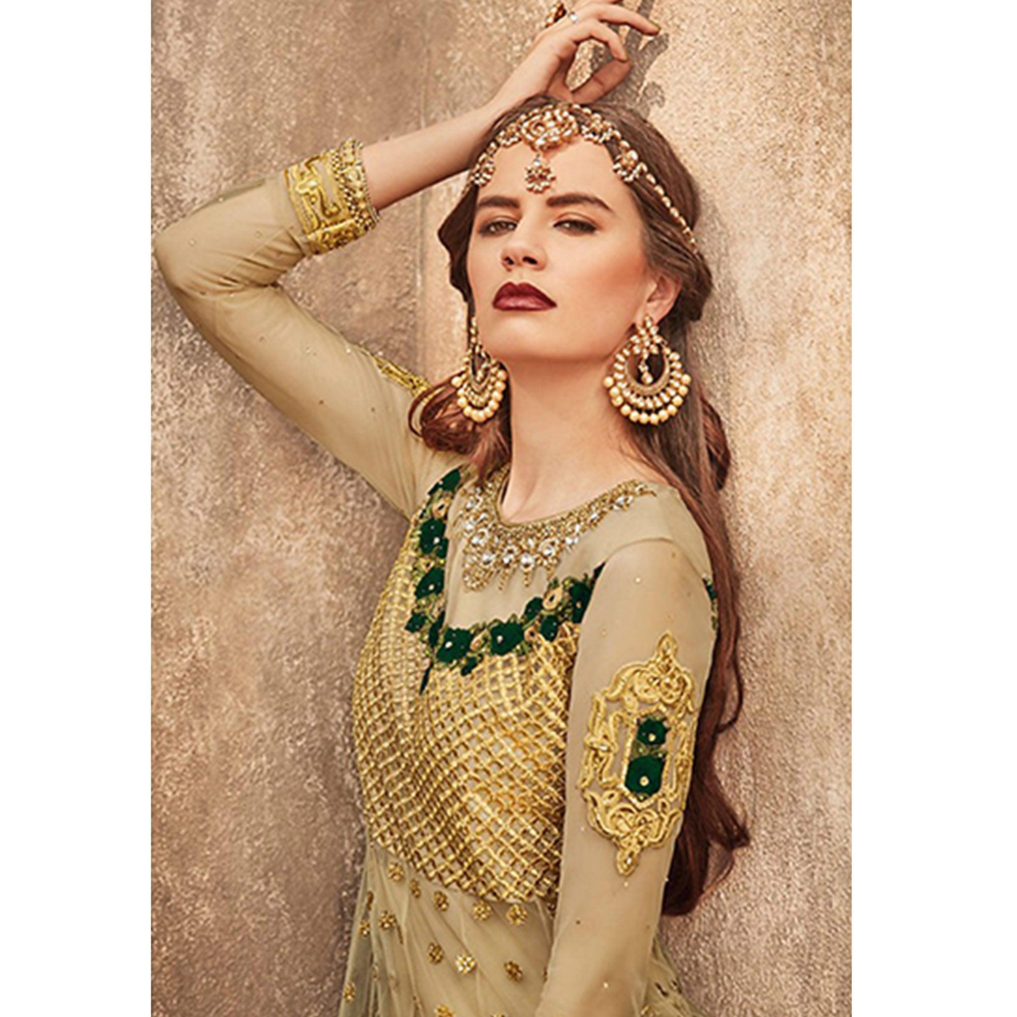 Opulent Golden-Green Colored Party Wear Embroidered Net Lehenga Choli - Peachmode