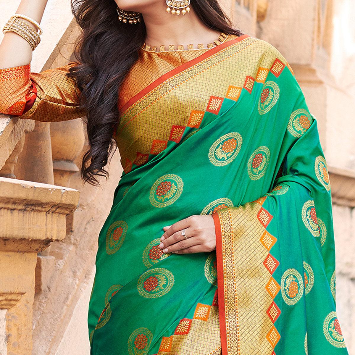 Opulent Green Colored Festive Wear Woven Heavy Banarasi Silk Saree - Peachmode