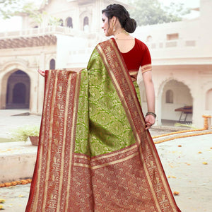 Opulent Green Colored Festive Wear Woven Heavy Banarasi Silk Saree - Peachmode
