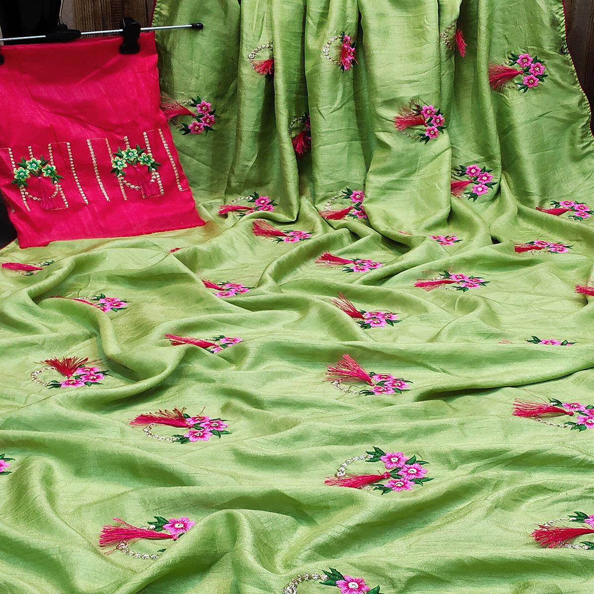 Opulent Green Colored Partywear Embroidered Dola Silk Saree - Peachmode