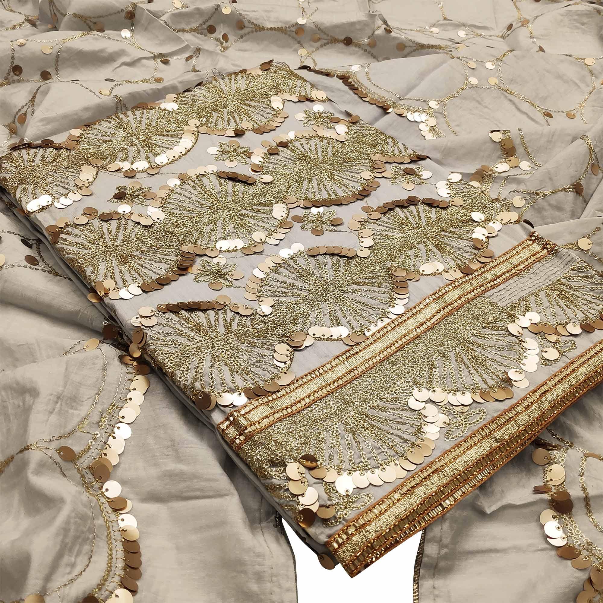 Opulent Grey Colored Festive Wear Embroidered Modal Silk Dress Material - Peachmode