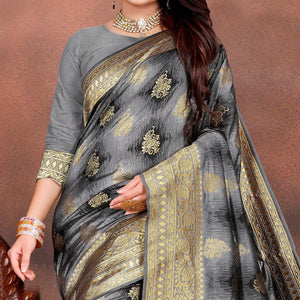 Opulent Grey Colored Festive Wear Woven Silk Saree - Peachmode