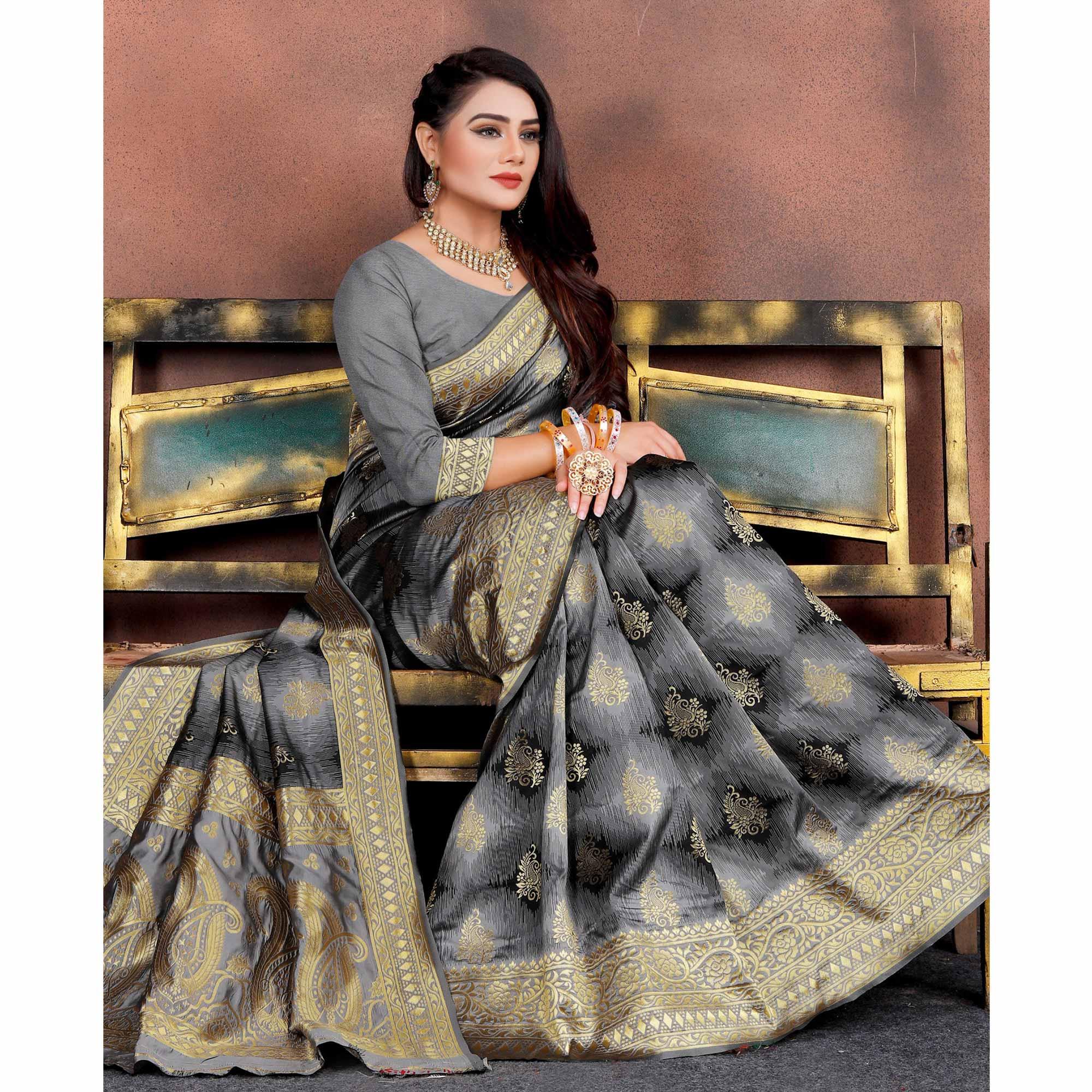 Opulent Grey Colored Festive Wear Woven Silk Saree - Peachmode