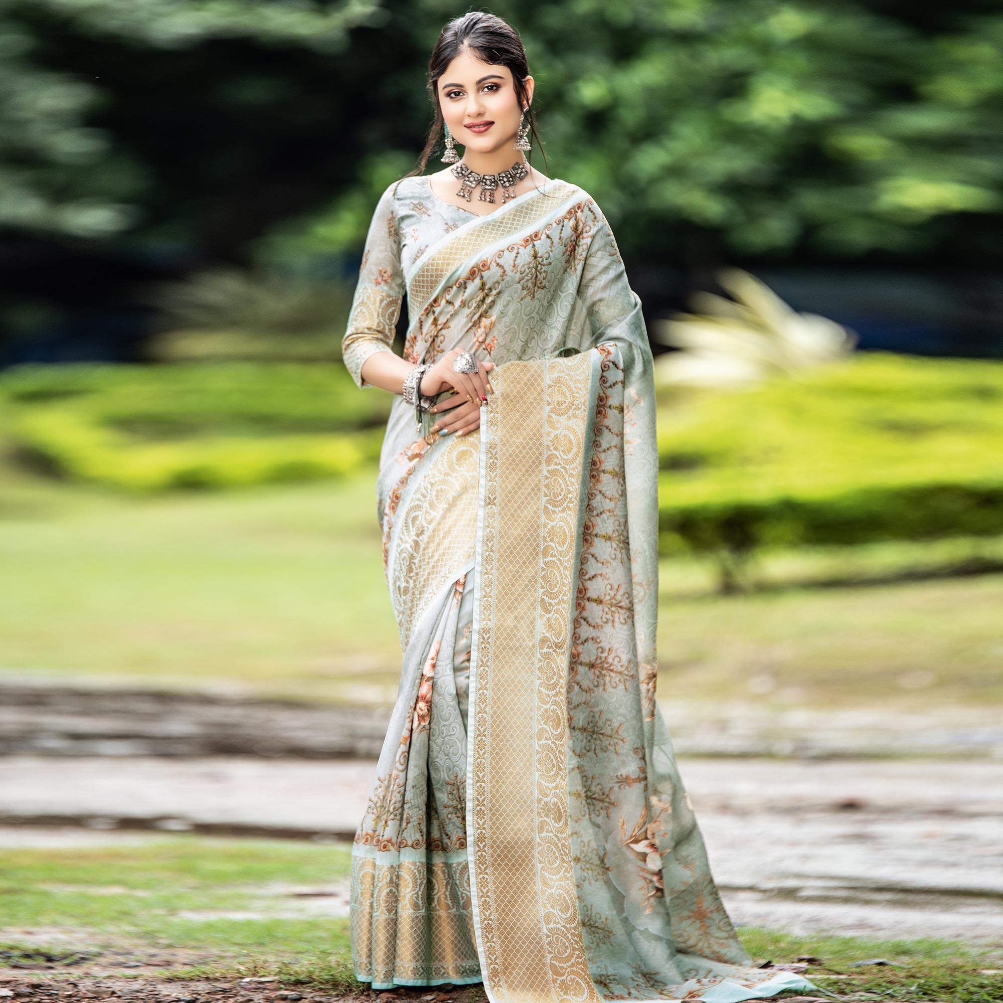 Opulent Grey Colored Partywear Digital Printed Organza Saree - Peachmode