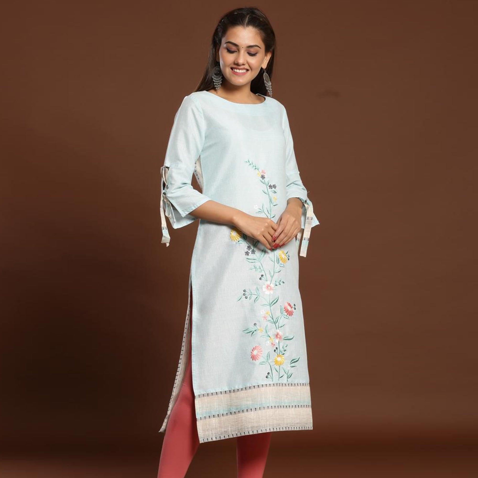 Opulent Light Blue Colored Casual Wear Embroidered Cotton Kurti - Peachmode