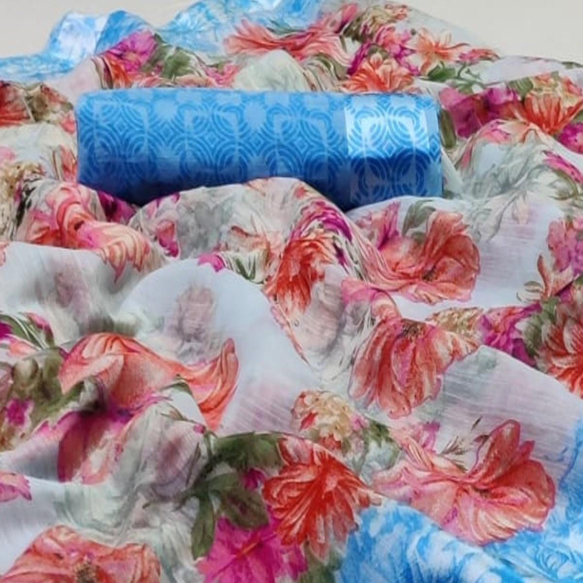 Opulent Light Blue Colored Casual Wear Floral Printed Linen Saree - Peachmode