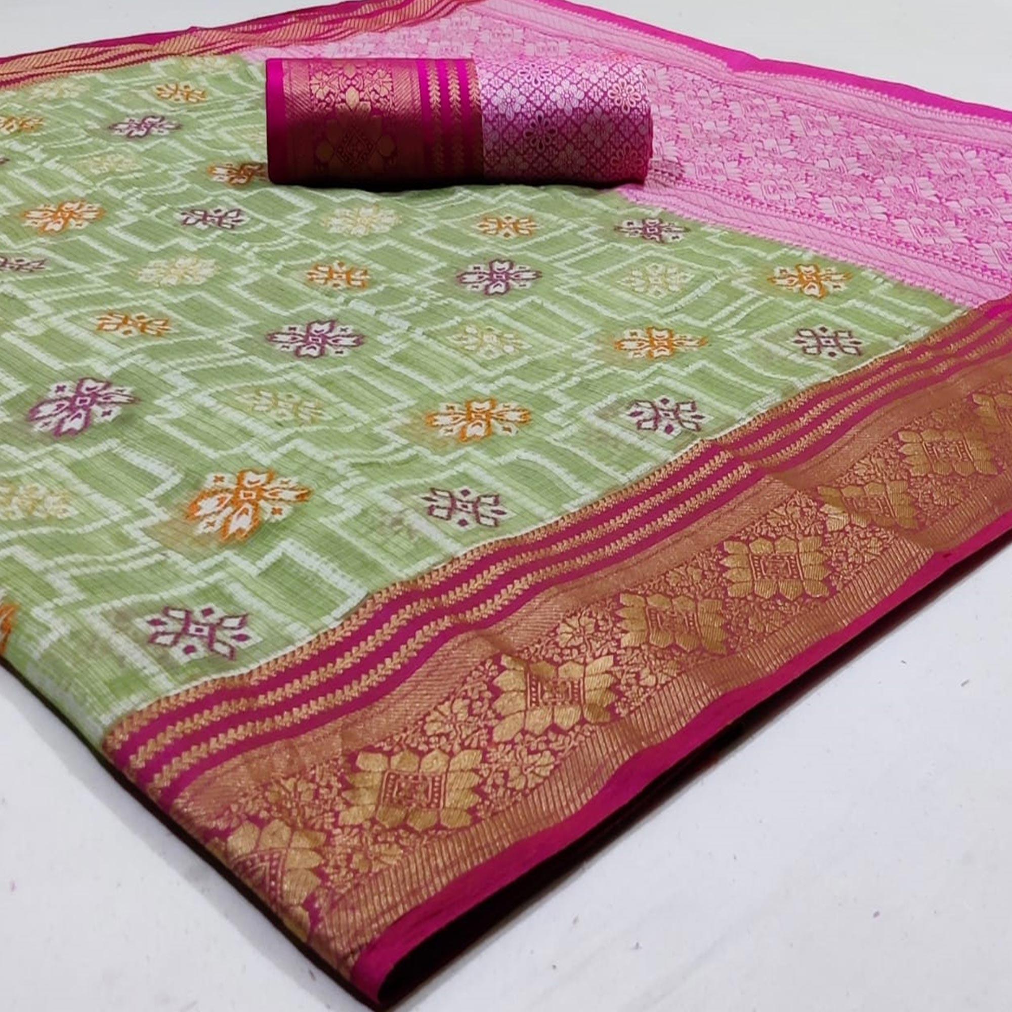 Opulent Light Green Colored Festive Wear Woven Kota Silk Saree - Peachmode