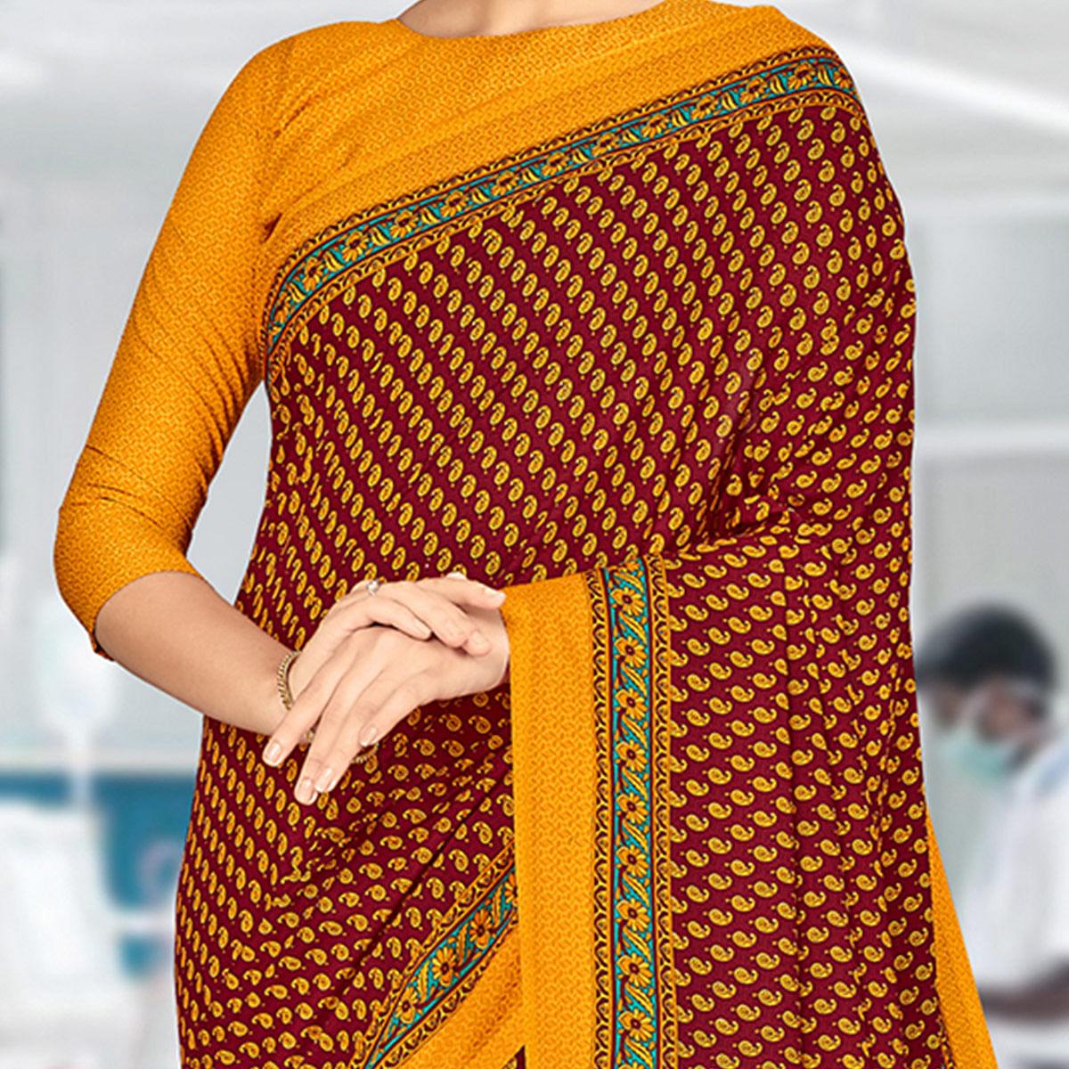Opulent Maroon & Mustard Coloured Casual Wear Printed Crepe Saree - Peachmode