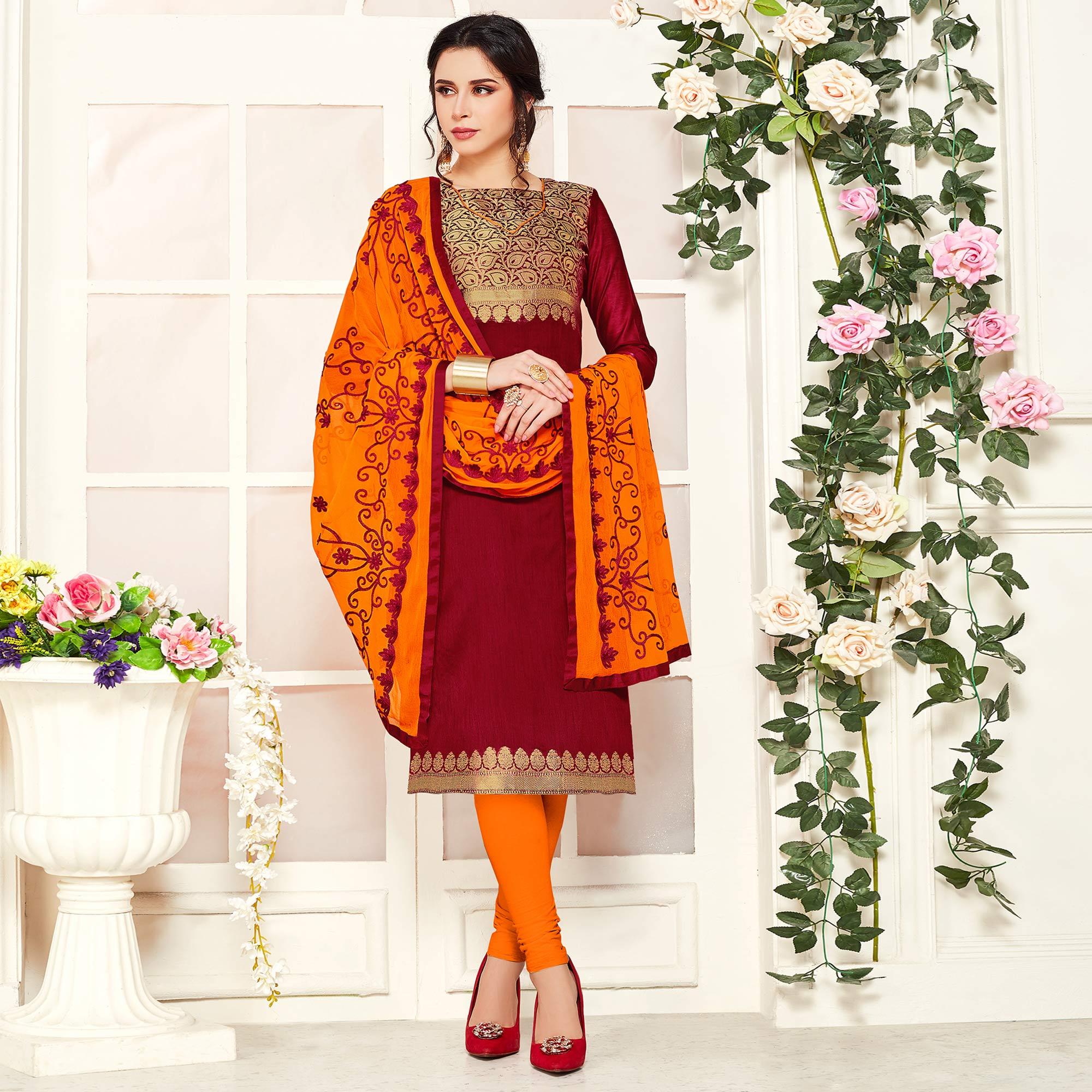 Opulent Maroon Colored Casual Wear Woven Banarasi Silk Dress Material - Peachmode