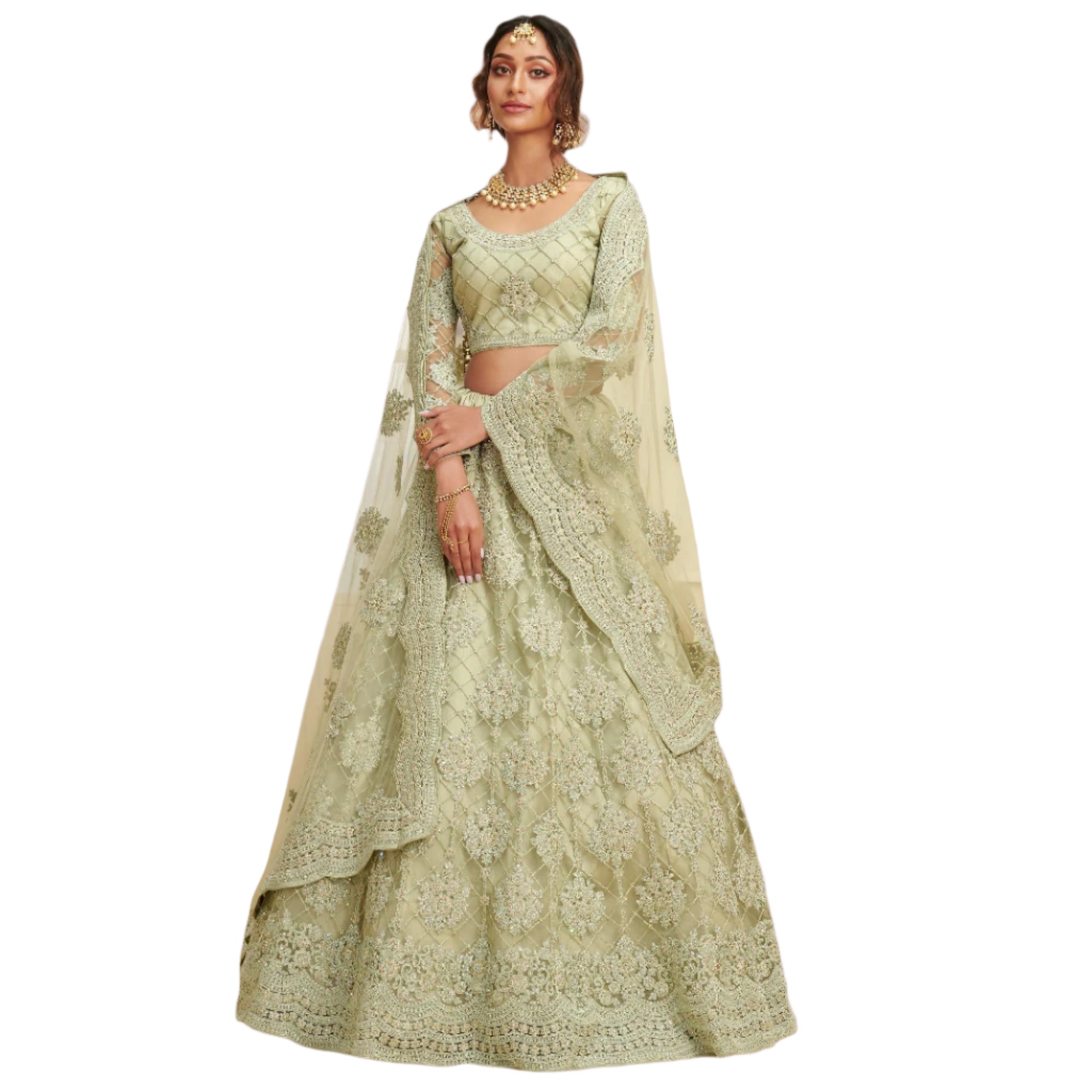 Opulent Mint Green Coloured Wedding Wear Cording Embroidered Net Lehenga Choli - Peachmode