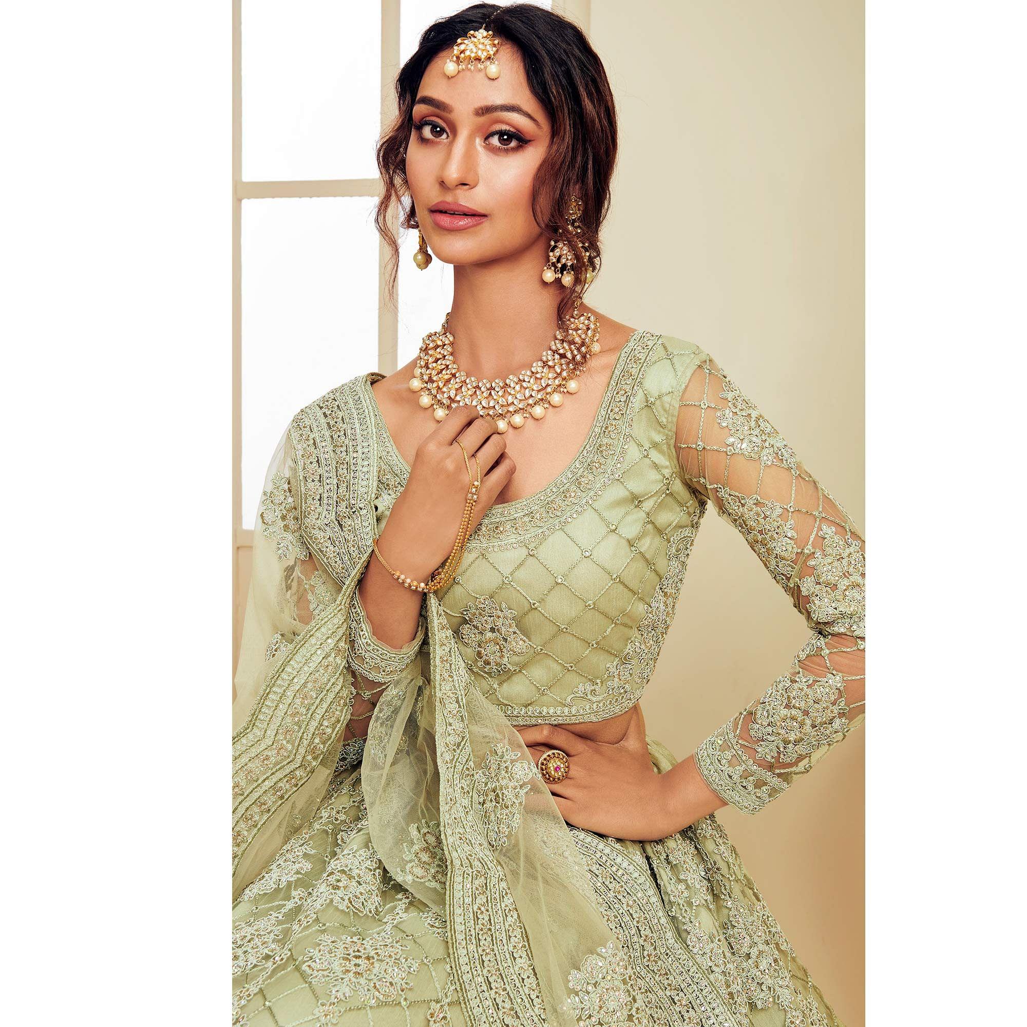Opulent Mint Green Coloured Wedding Wear Cording Embroidered Net Lehenga Choli - Peachmode