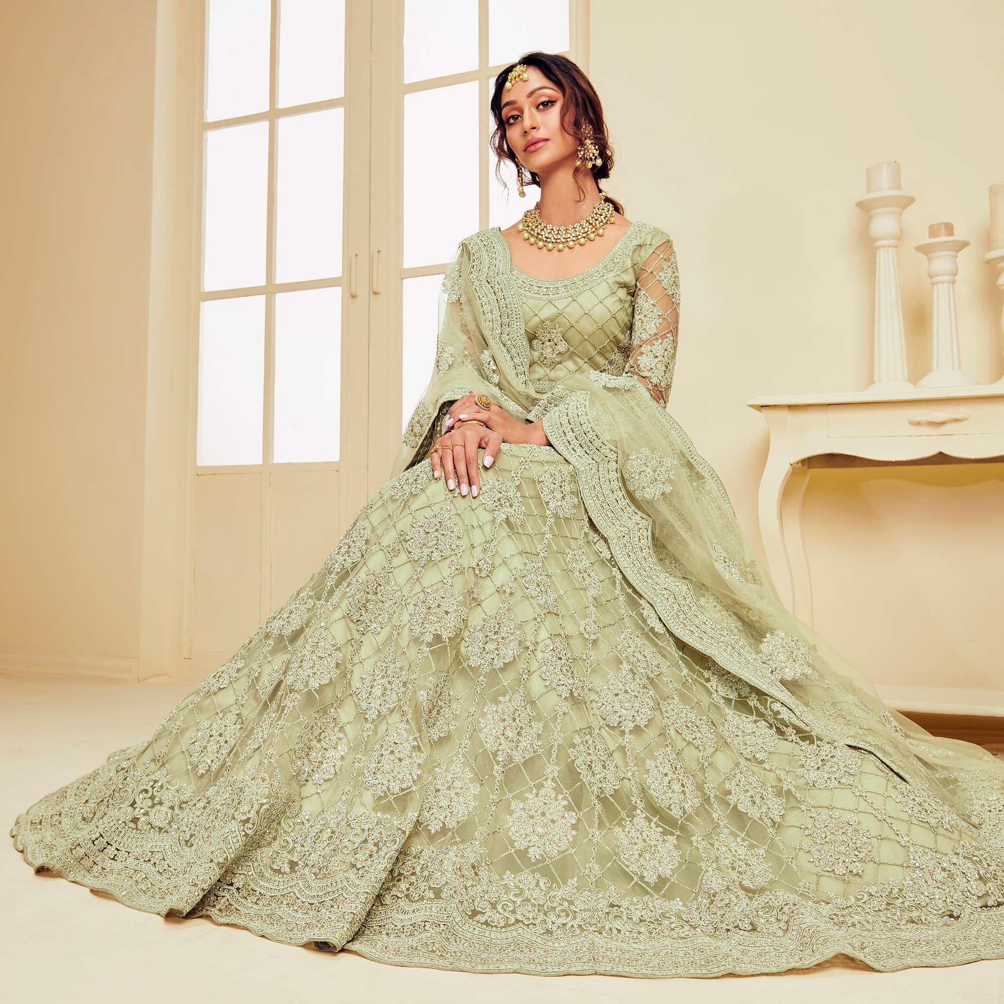 Opulent Mint Green Coloured Wedding Wear Cording Embroidered Net Lehenga Choli - Peachmode