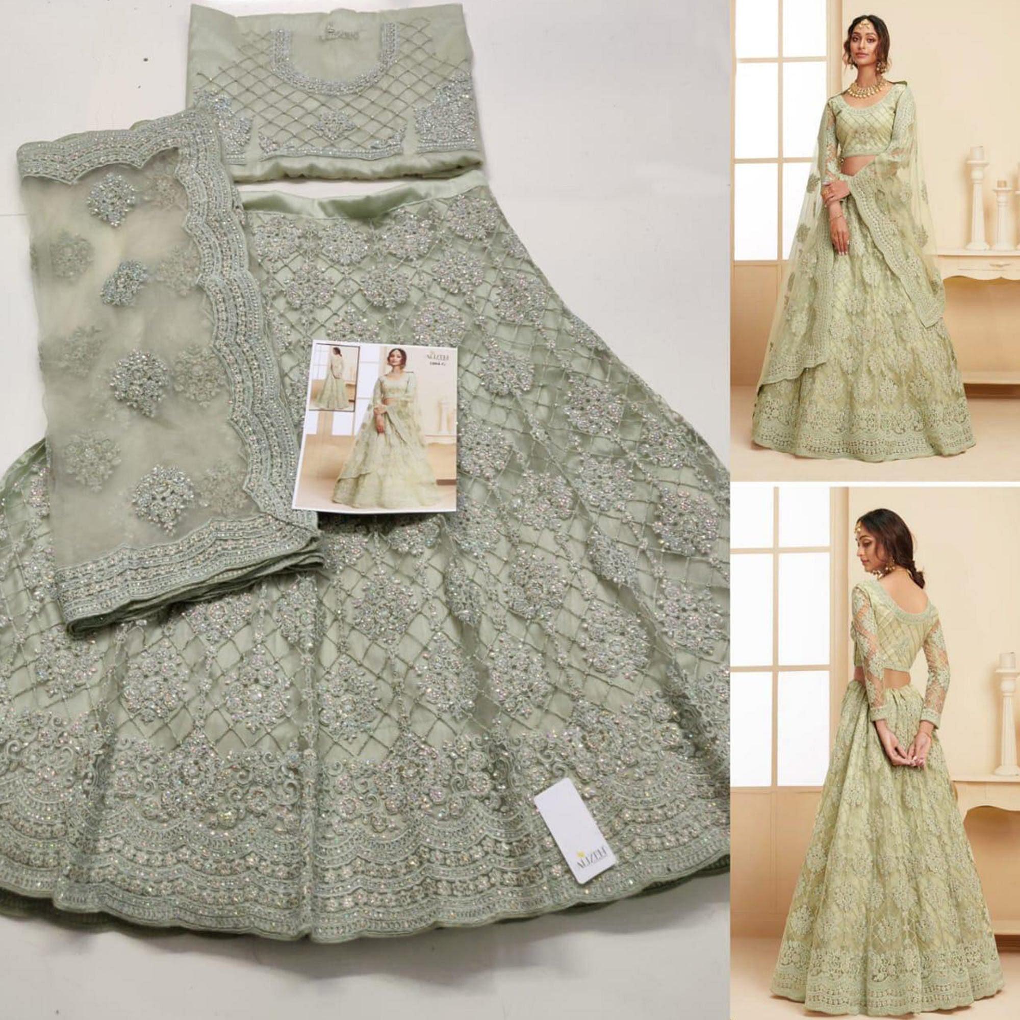 Opulent Mint Green Coloured Wedding Wear Cording Embroidered Net Lehenga Choli - Peachmode