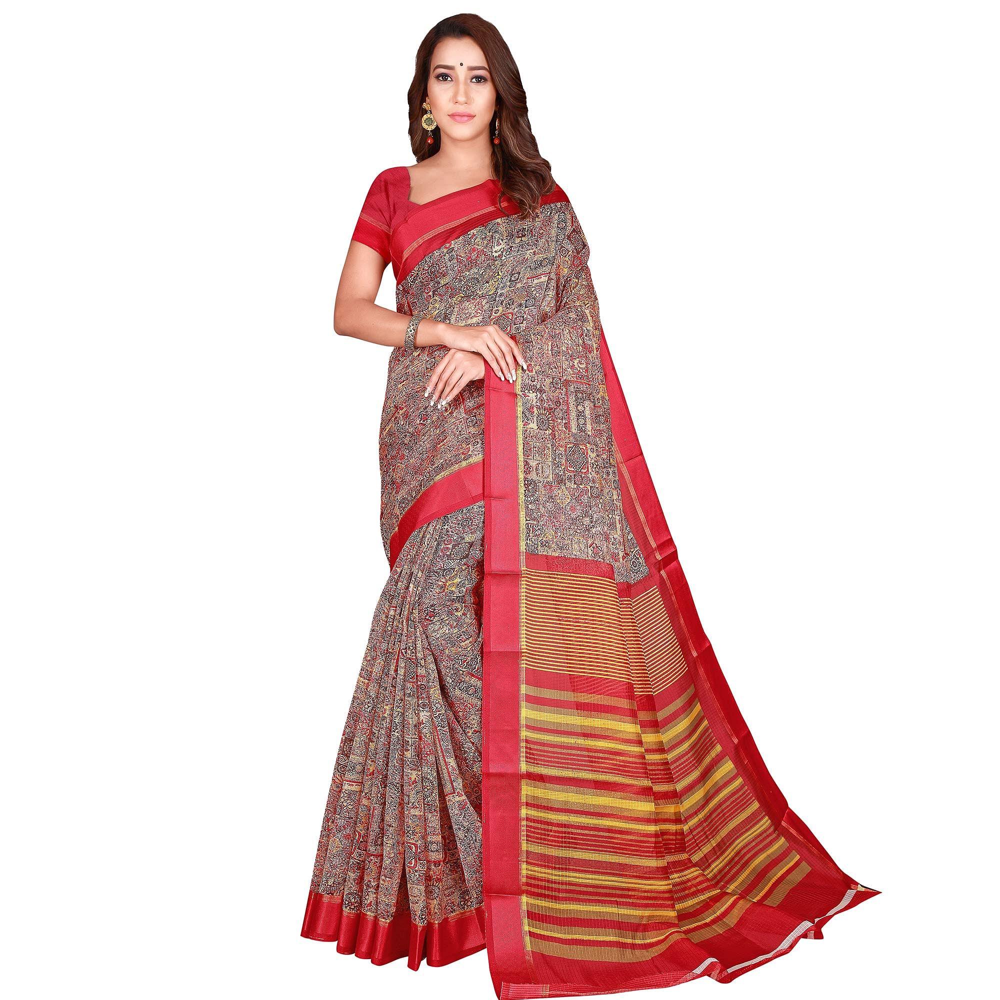 Opulent Multi Colored Casual Wear Printed Cotton Handloom Saree - Peachmode