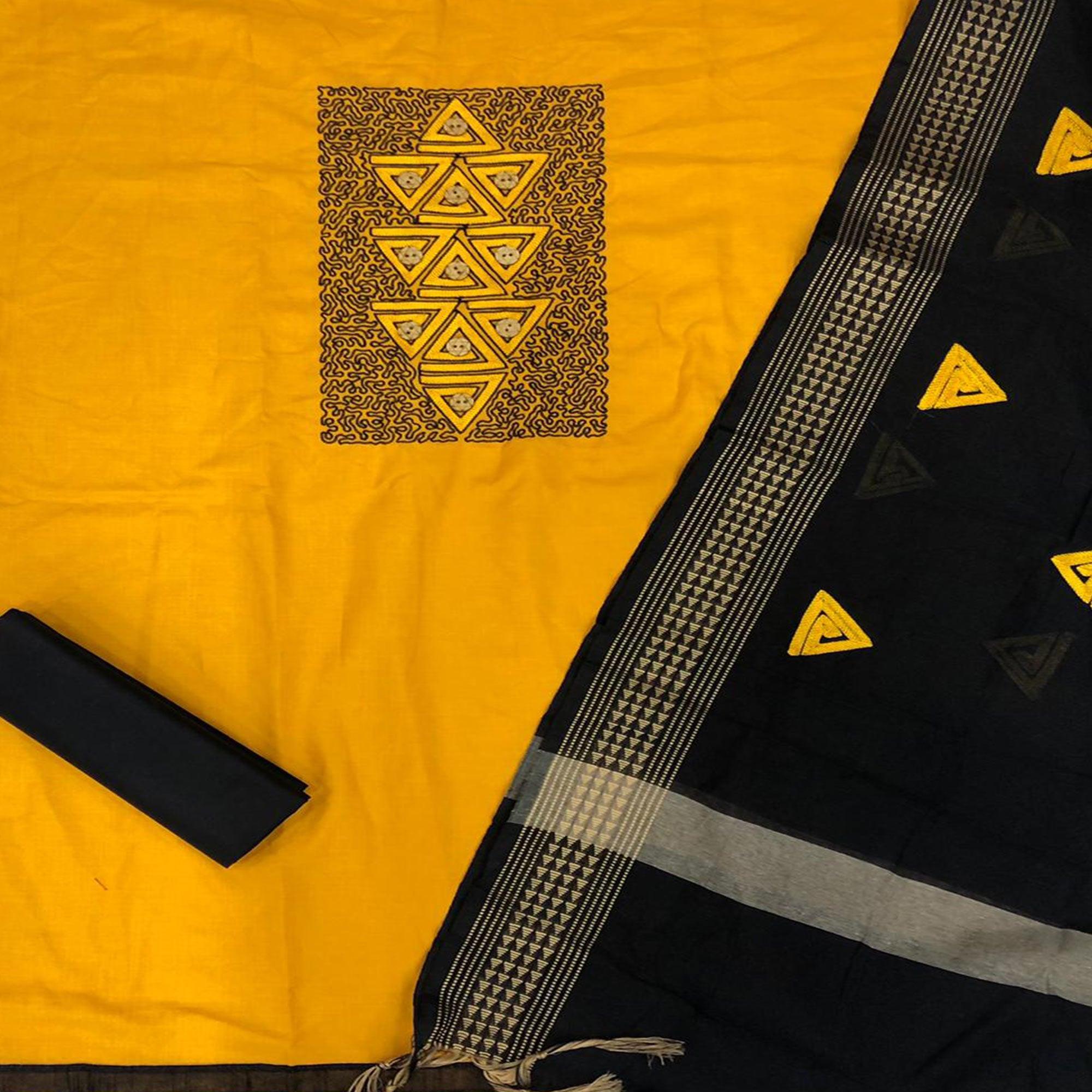 Opulent Mustard Coloured Casual Wear Embroidered Cotton Dress Material - Peachmode