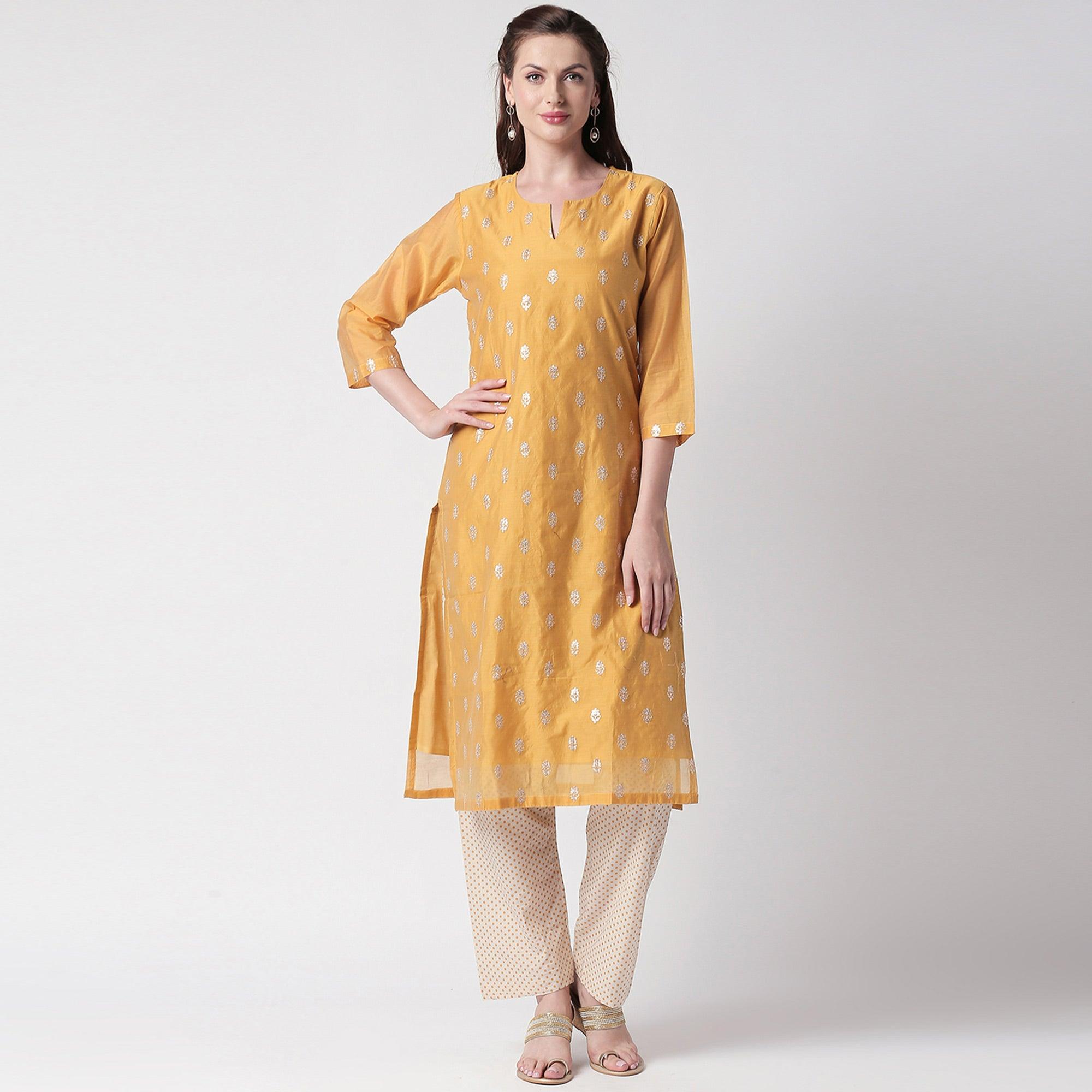 Opulent Mustard Yellow Colored Partywear Embroidered Silk Kurti - Bottom Set - Peachmode
