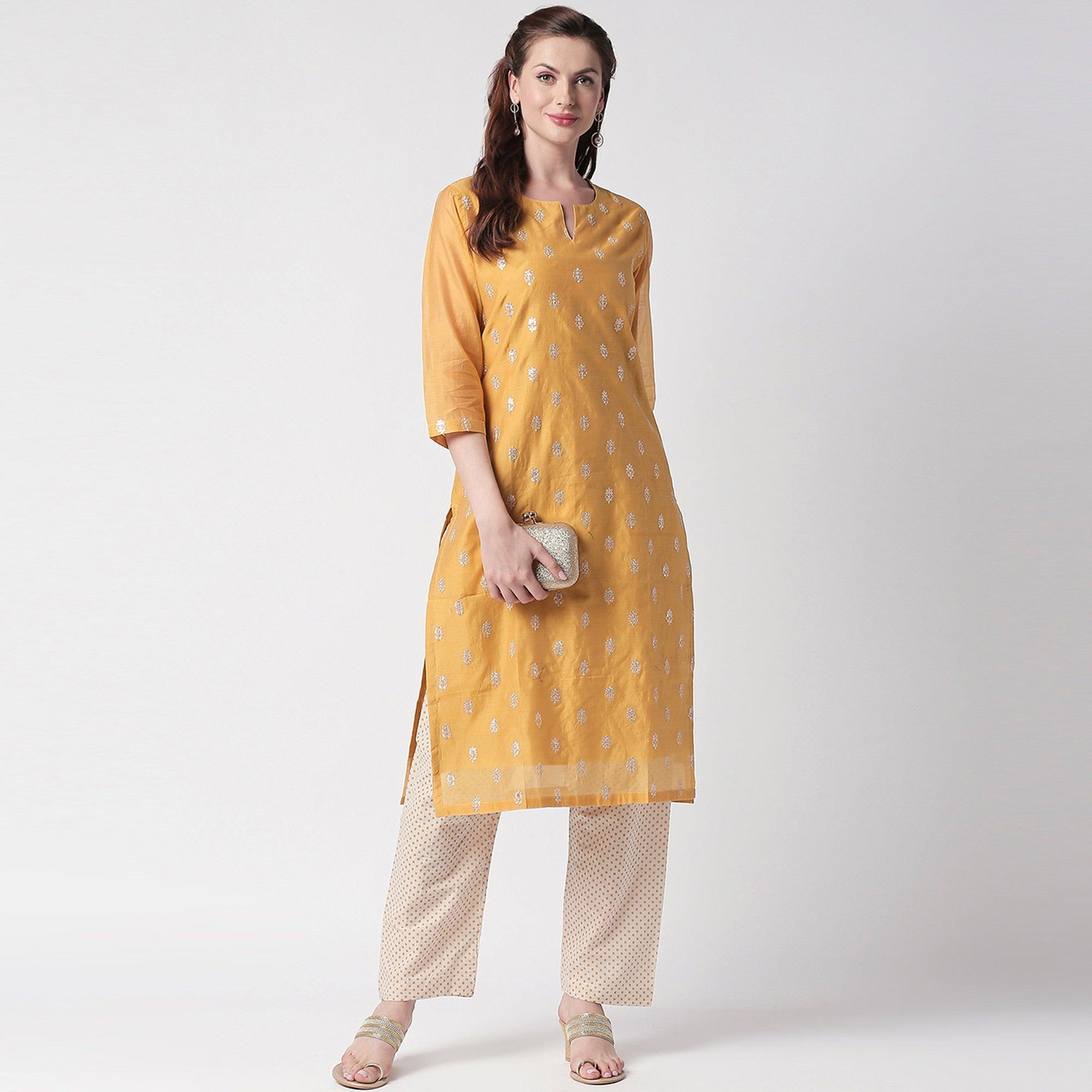 Opulent Mustard Yellow Colored Partywear Embroidered Silk Kurti - Bottom Set - Peachmode