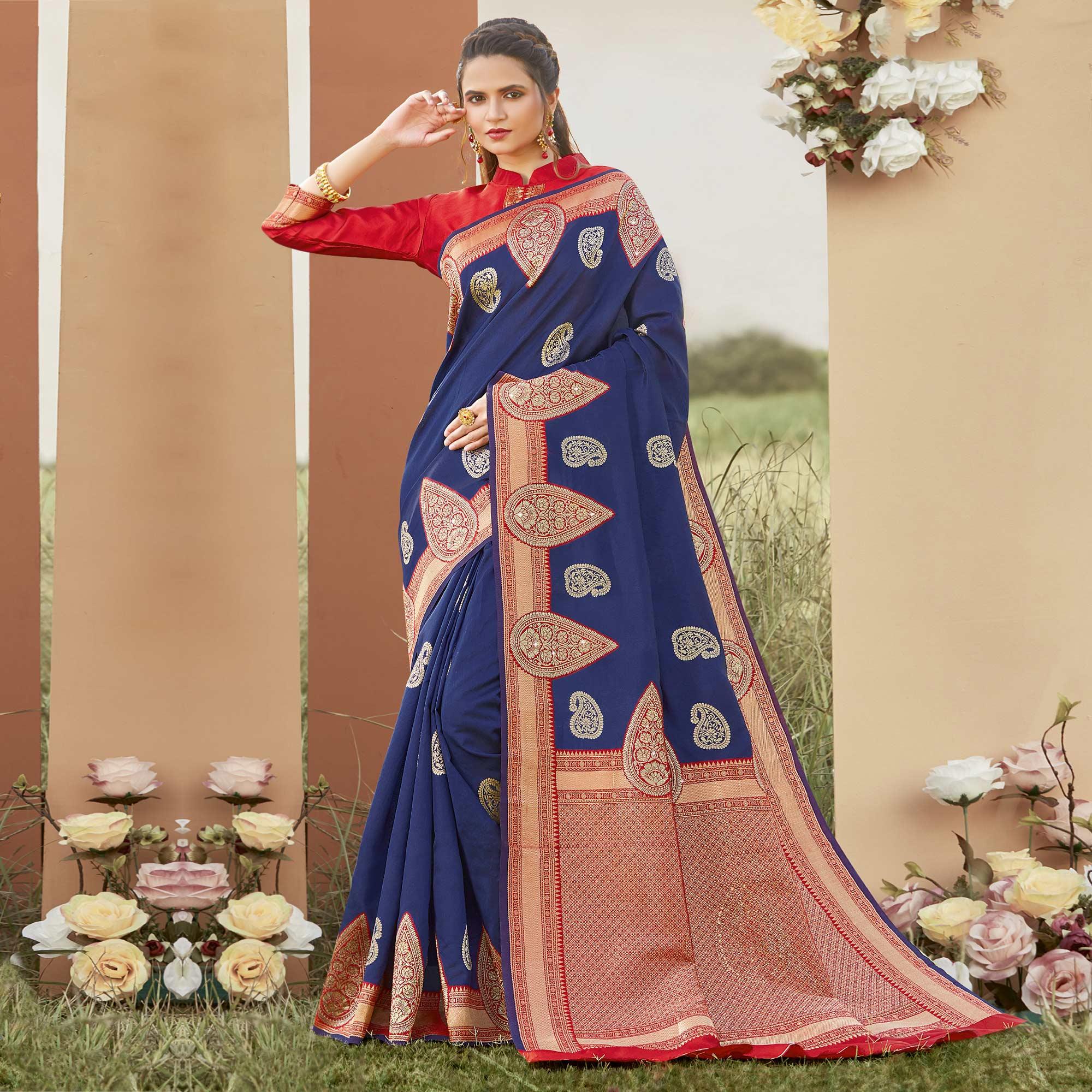 Opulent Navy Blue Colored Festive Wear Woven Silk Saree - Peachmode